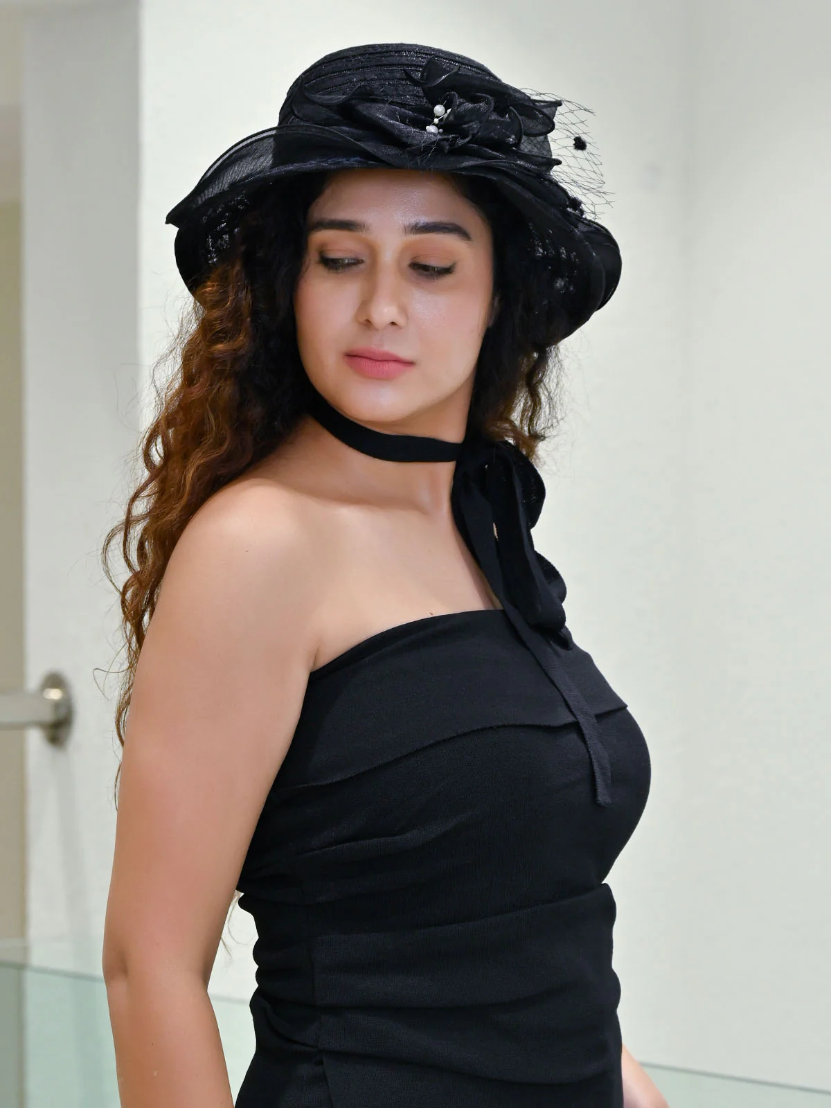 Odette Black Organza Embroidered Hat For Women - Image 3