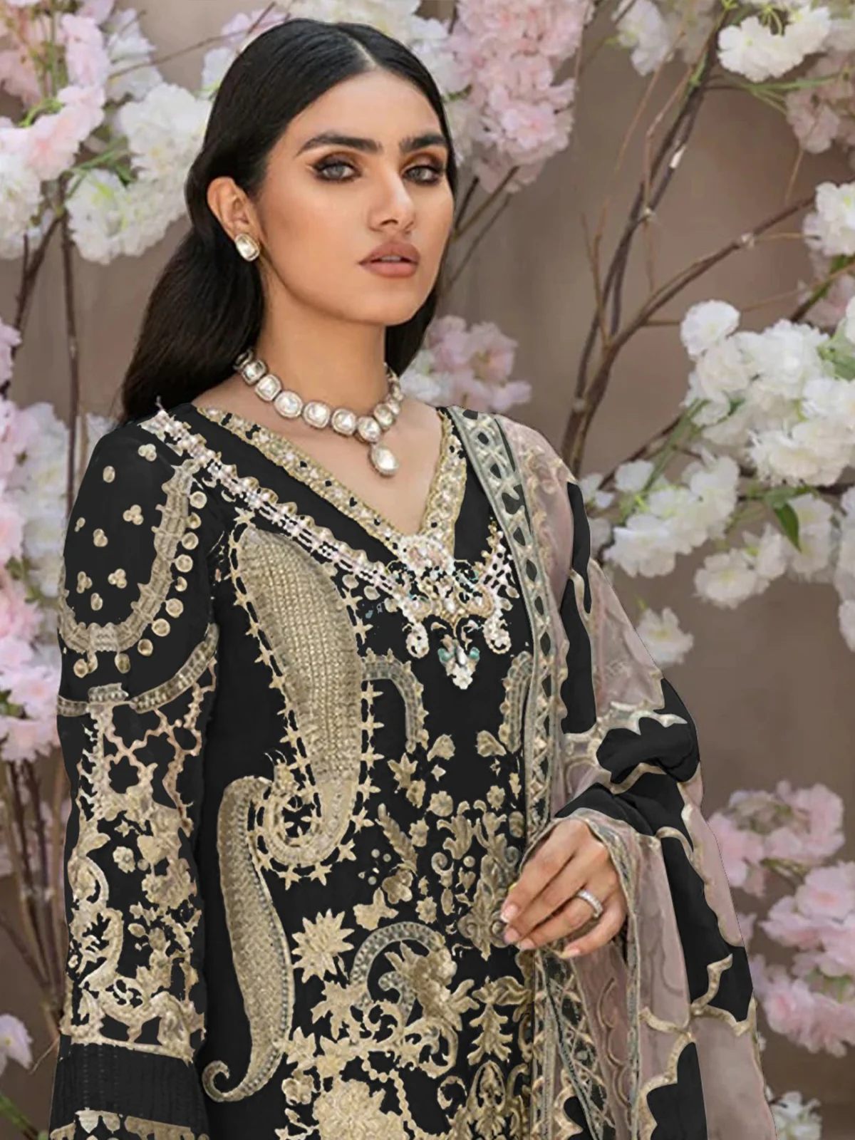 Odette Black Organza Embroidered Semi Stitched Salwar Suit For Women - Image 2