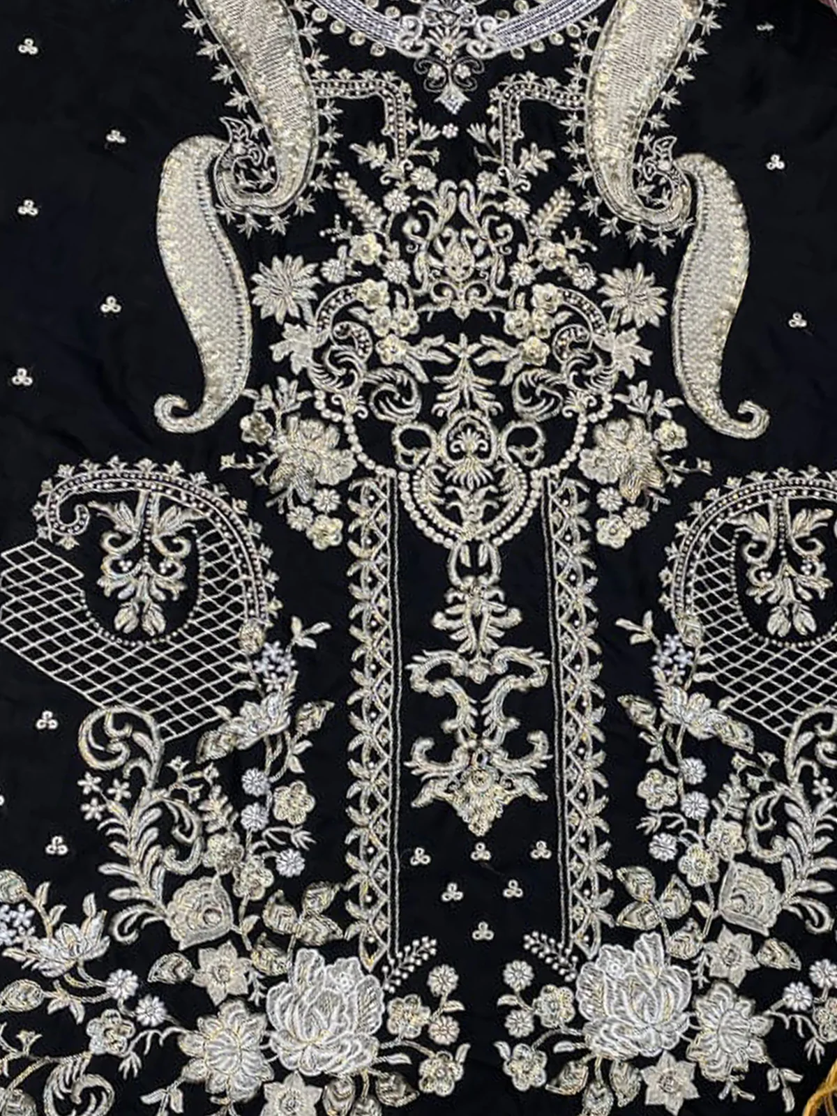 Odette Black Organza Embroidered Semi Stitched Salwar Suit For Women - Image 3