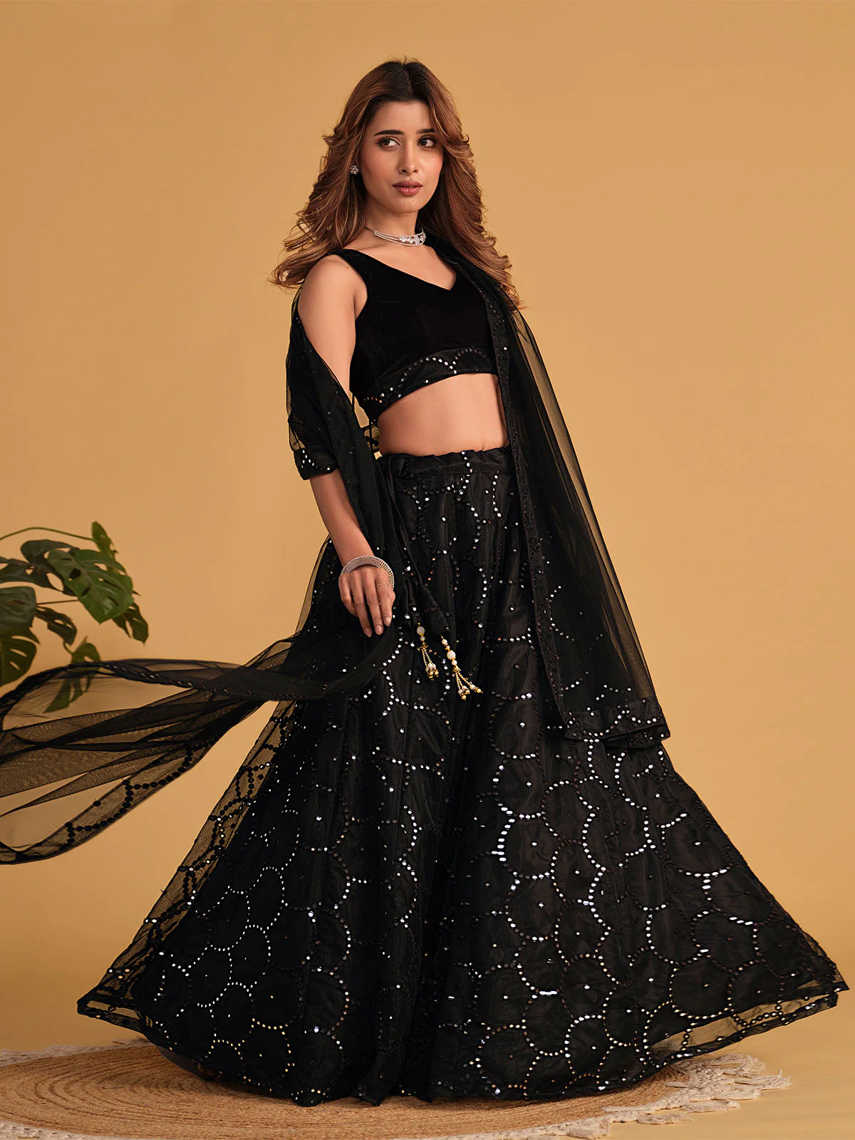 Odette Black Organza Net Embellished Semi Stitched Lehenga With Unstitched Blouse For Women - Image 3