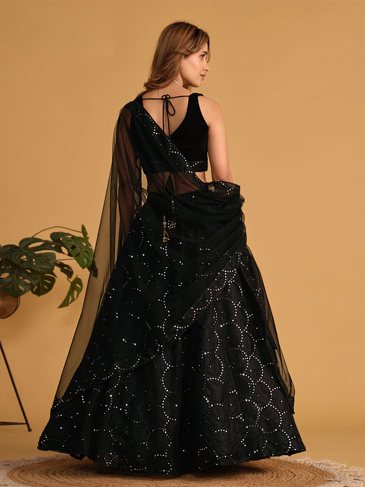 Odette Black Organza Net Embellished Semi Stitched Lehenga With Unstitched Blouse For Women - Image 4