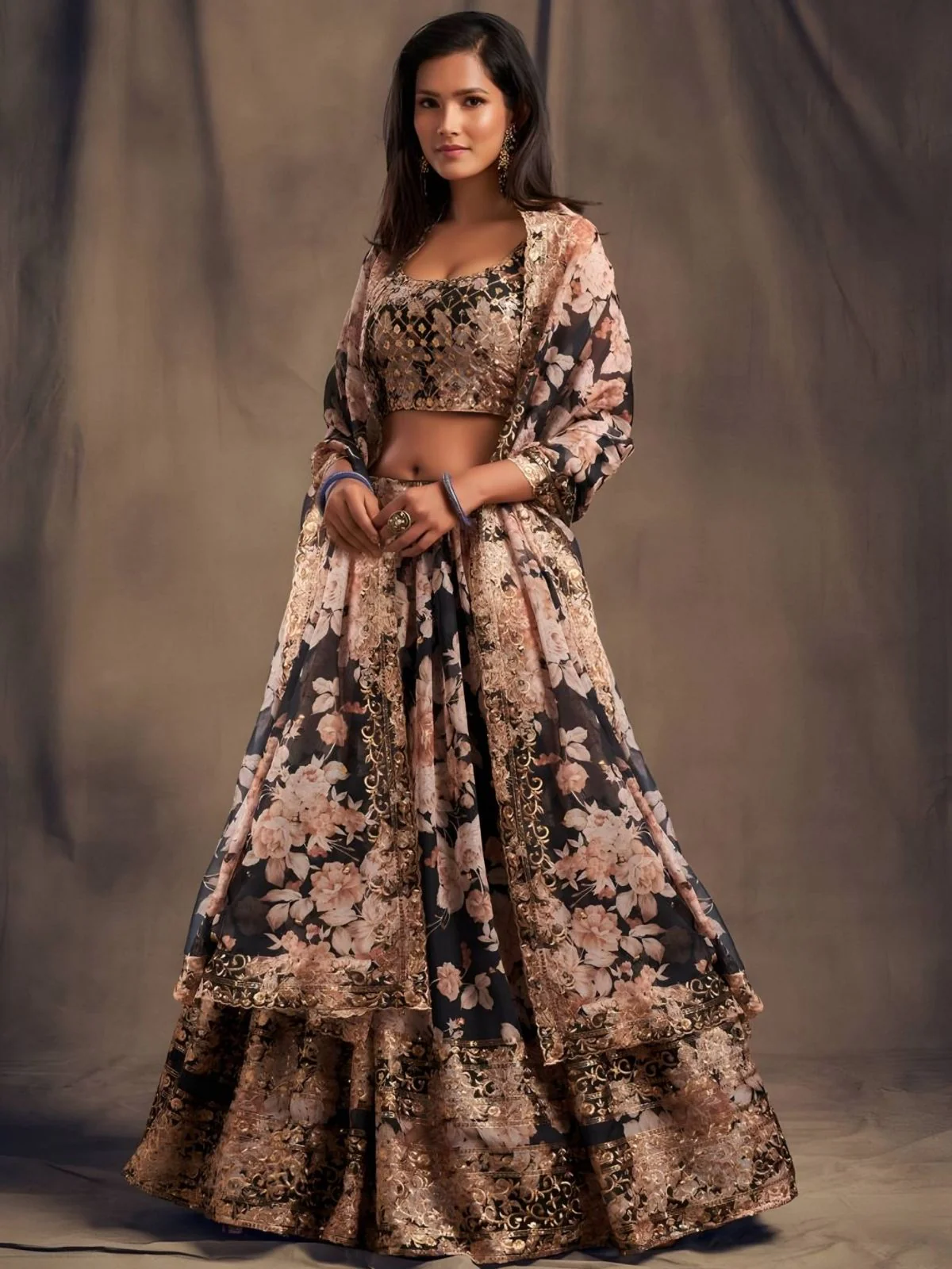 Odette Black Organza Printed And Embriodered Semi-Stitched Lehenga For Women - Image 2