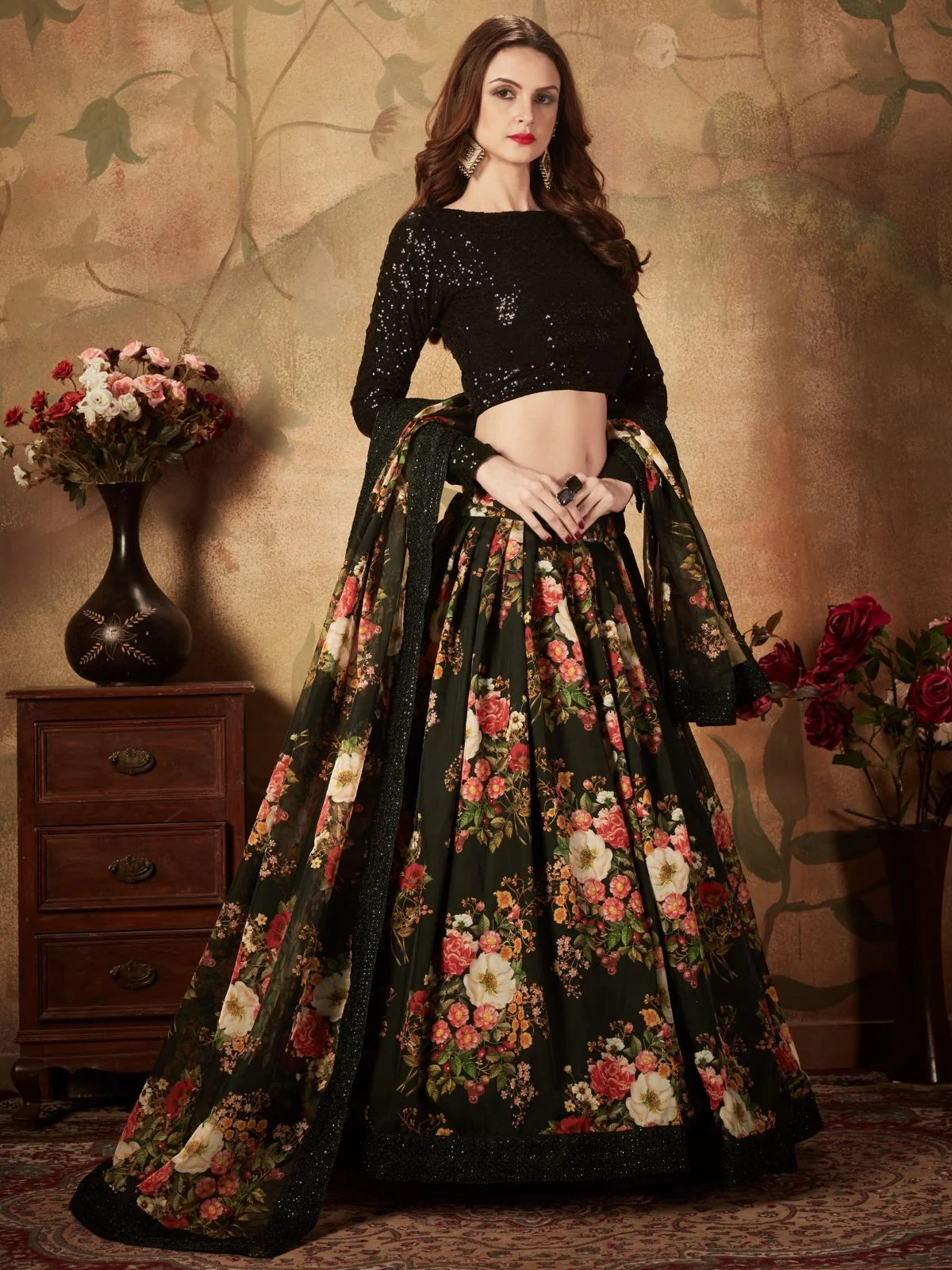 Odette Black Organza Printed Semi Stitched Lehenga With Unstitched Blouse For Women - Image 3
