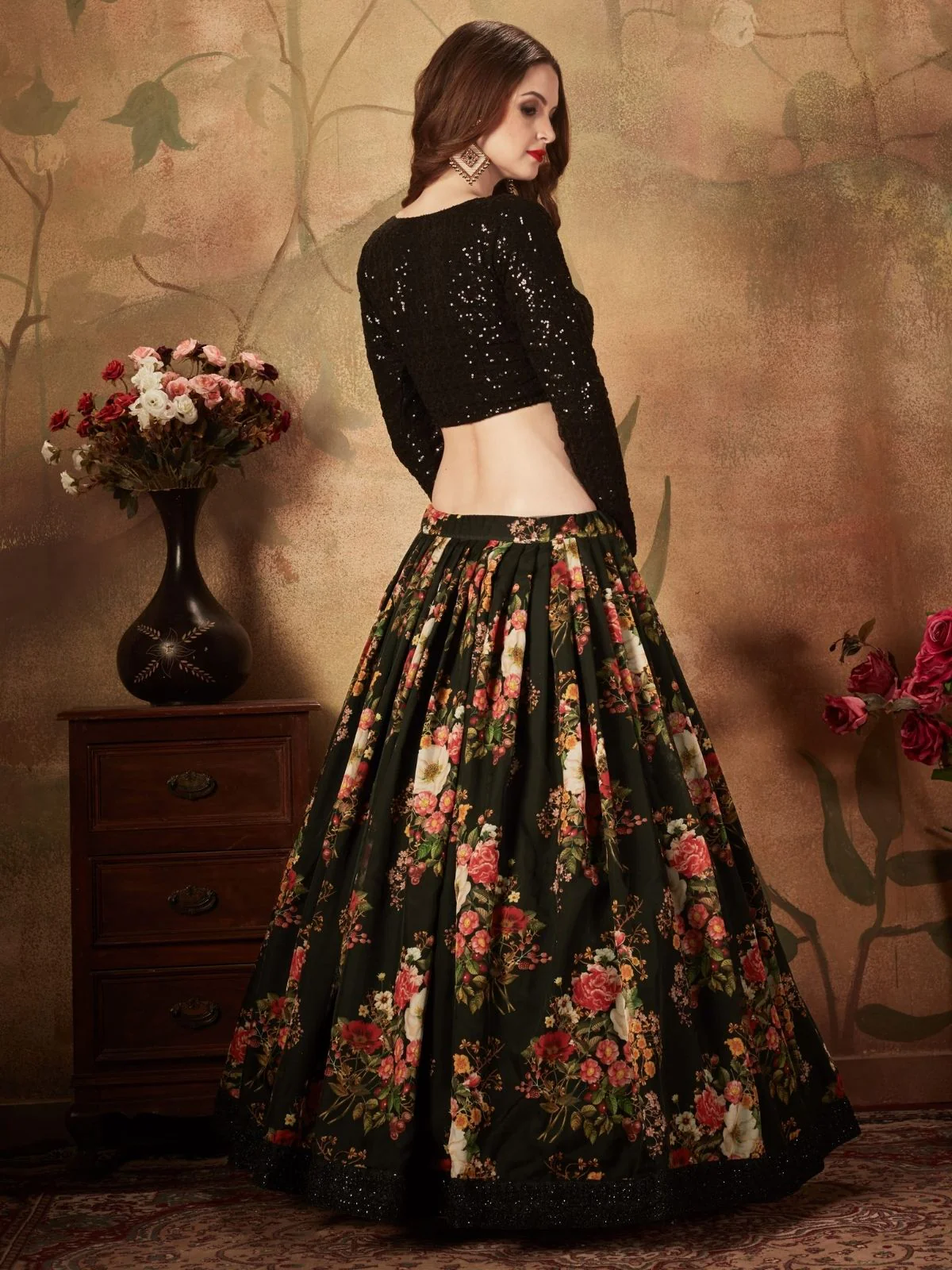 Odette Black Organza Printed Semi Stitched Lehenga With Unstitched Blouse For Women - Image 4