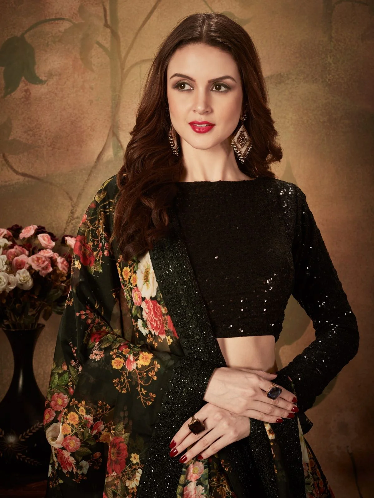 Odette Black Organza Printed Semi Stitched Lehenga With Unstitched Blouse For Women - Image 5