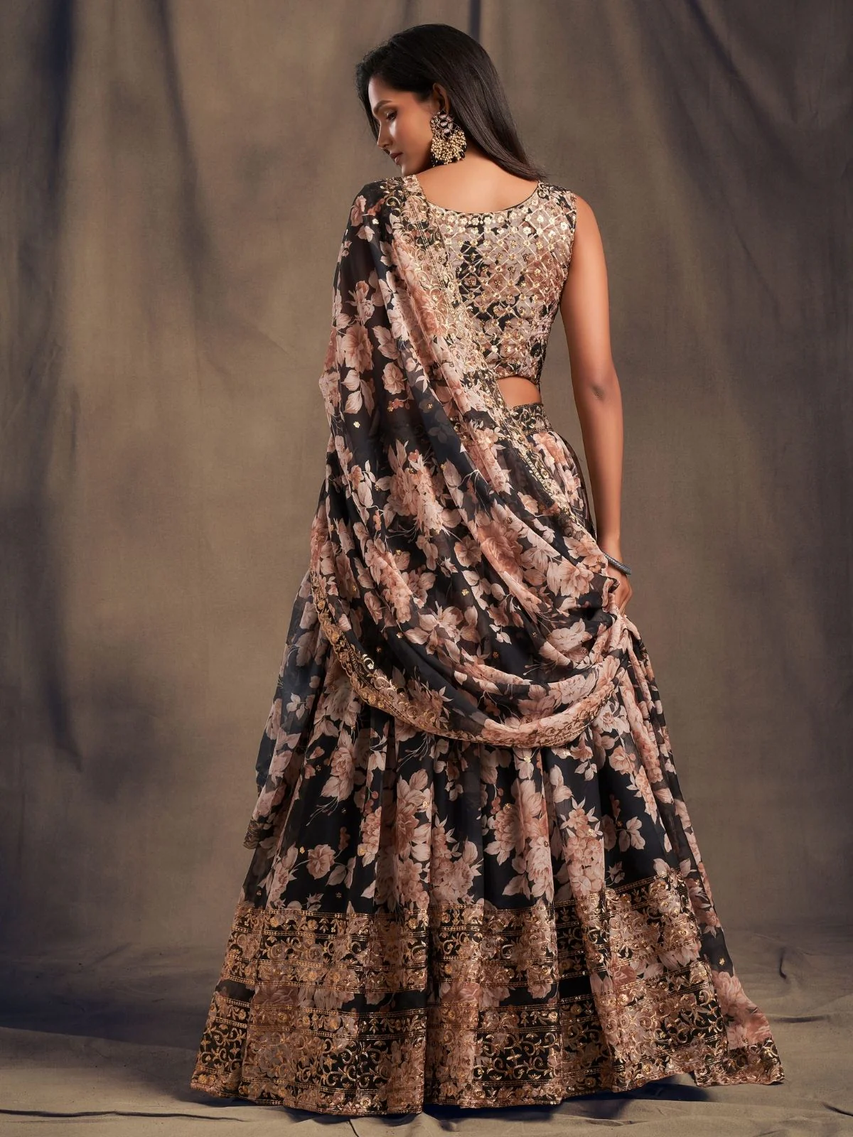 Odette Black Organza Printed Semi Stitched Lehenga With Unstitched Blouse For Women - Image 4
