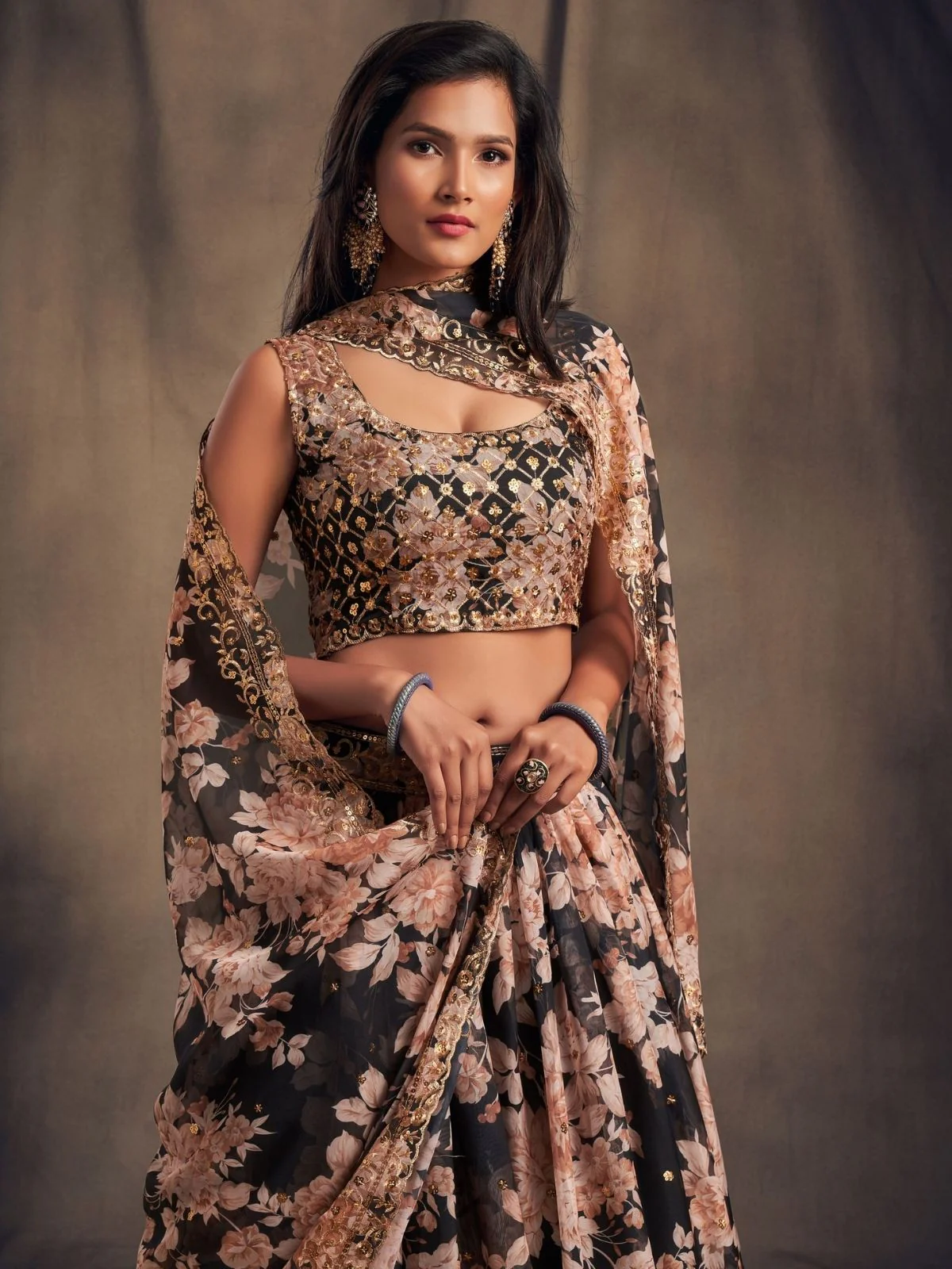 Odette Black Organza Printed Semi Stitched Lehenga With Unstitched Blouse For Women - Image 5