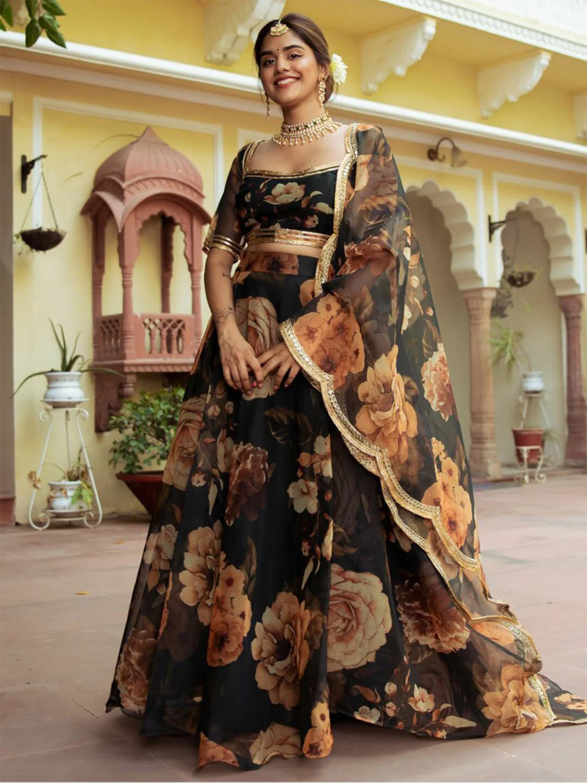 Odette Black Organza Printed Semi Stitched Lehenga With Unstitched Blouse For Women - Image 2