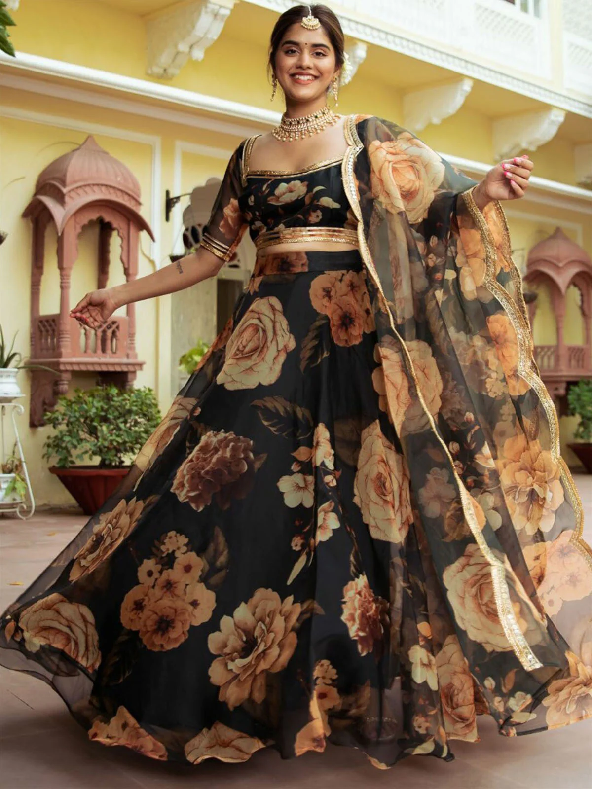 Odette Black Organza Printed Semi Stitched Lehenga With Unstitched Blouse For Women - Image 3