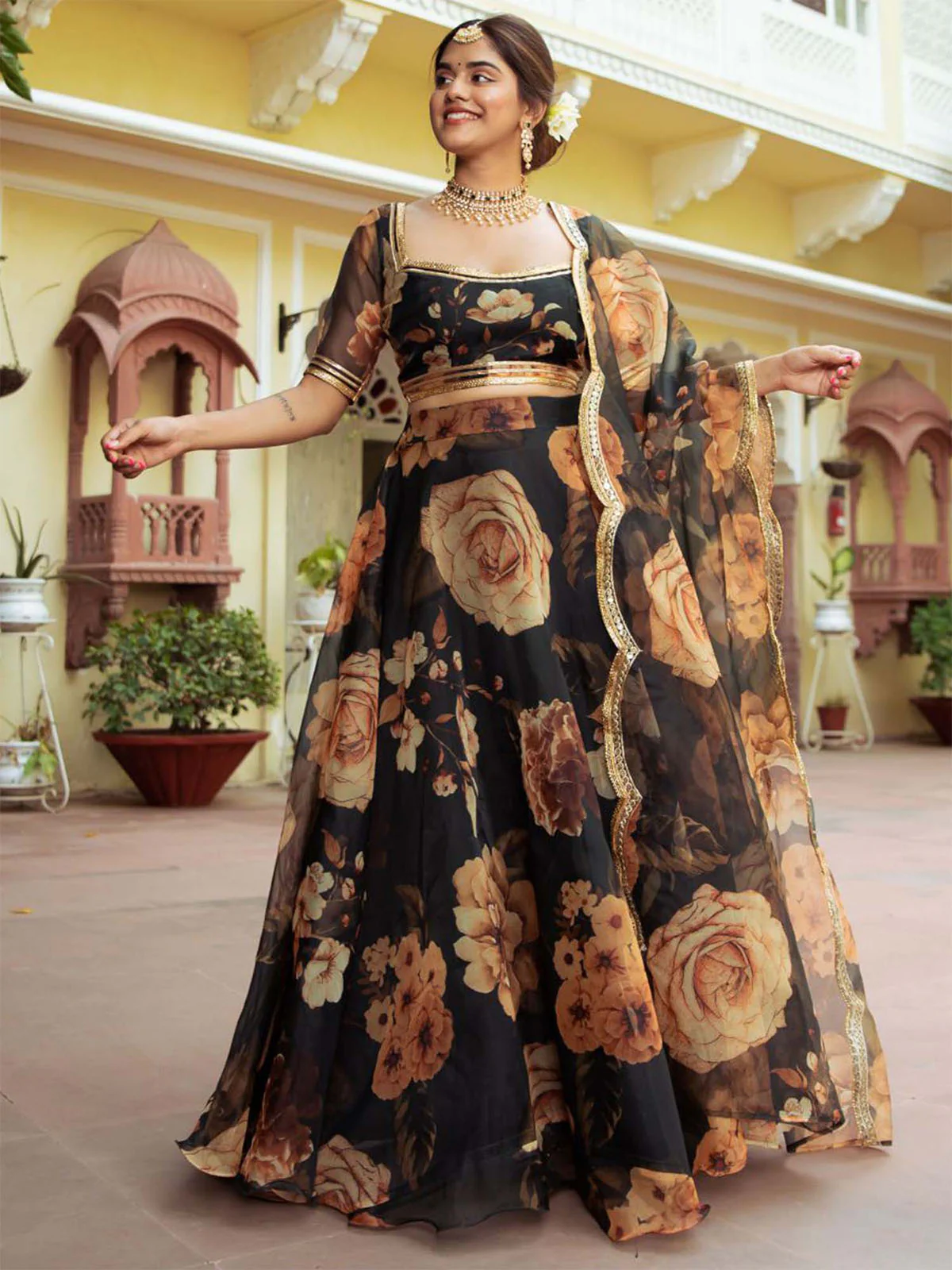 Odette Black Organza Printed Semi Stitched Lehenga With Unstitched Blouse For Women - Image 4