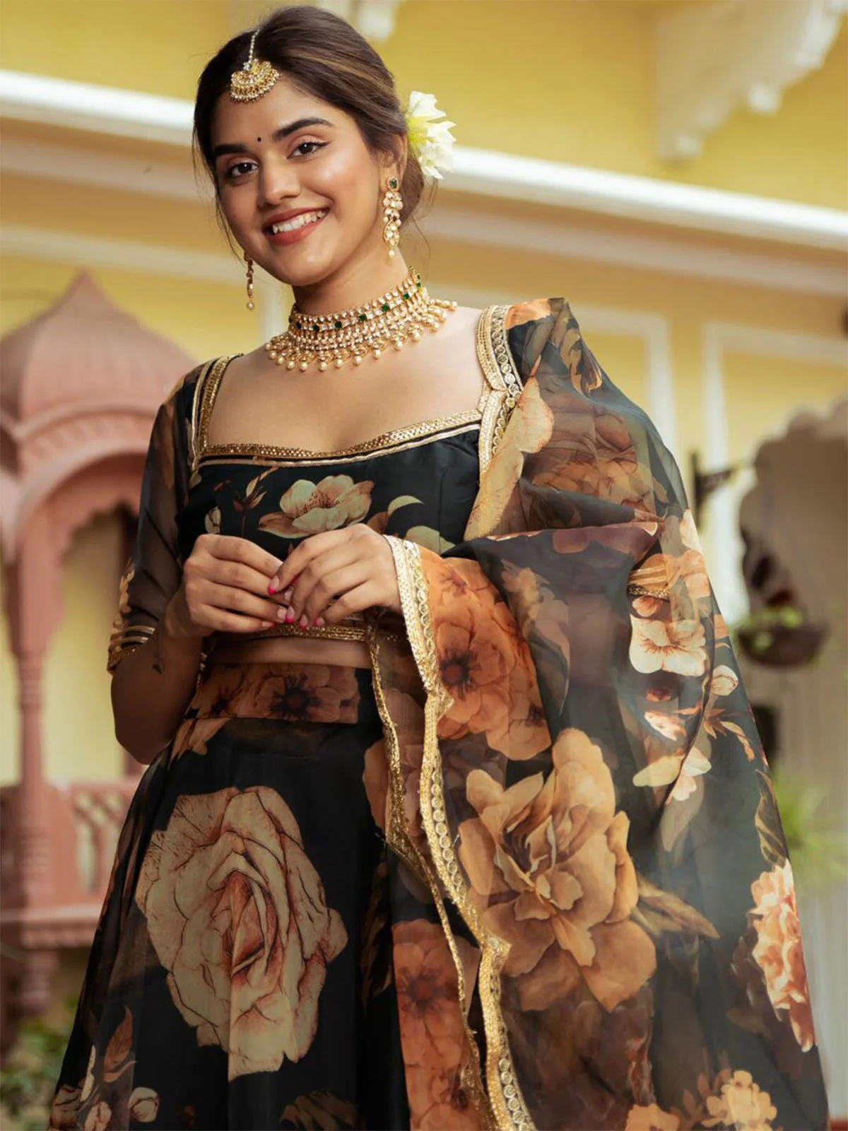 Odette Black Organza Printed Semi Stitched Lehenga With Unstitched Blouse For Women - Image 5