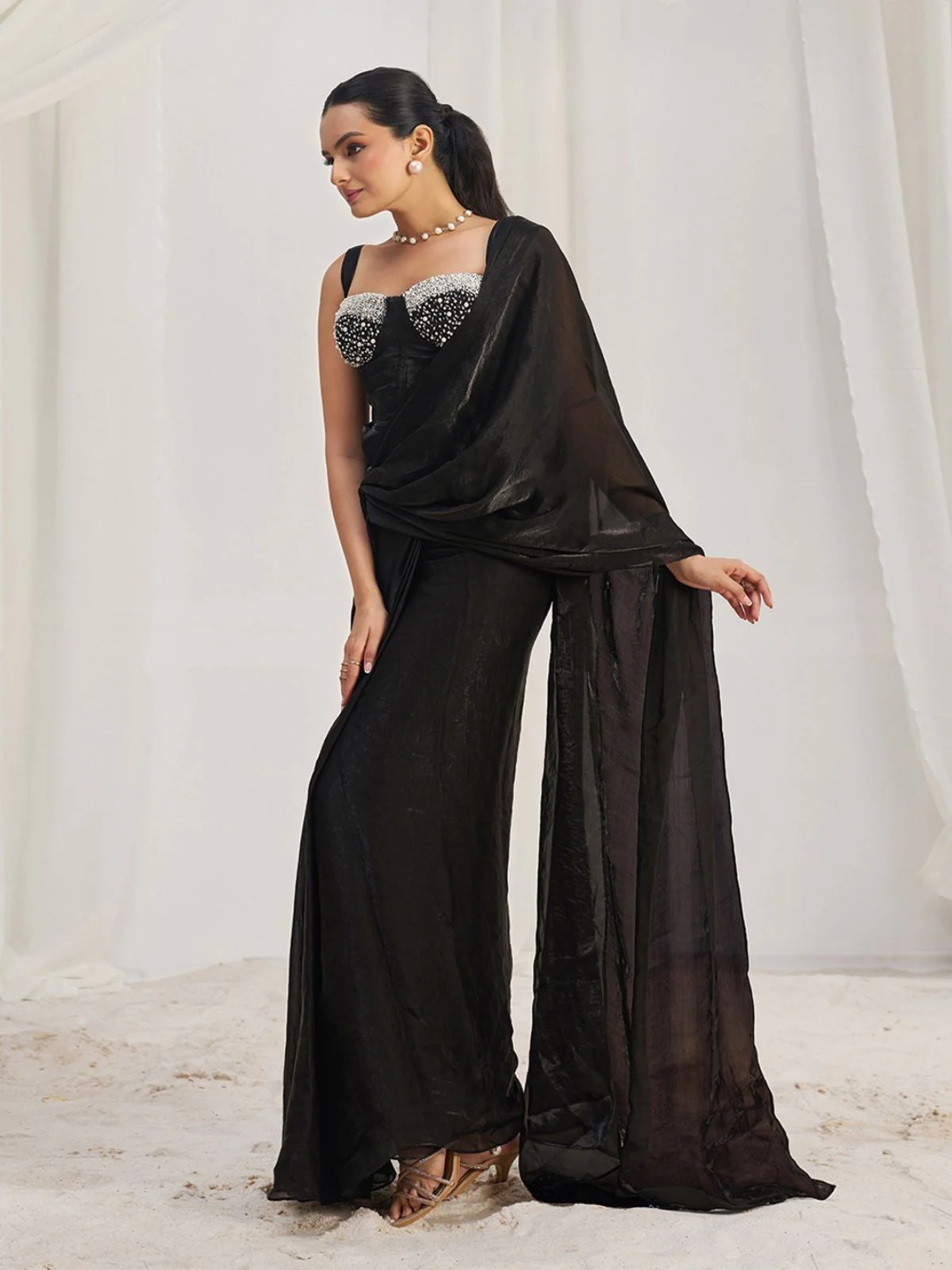 Odette Black Organza Solid Ready To Wear Saree With Stitched Blouse For Women - Image 3