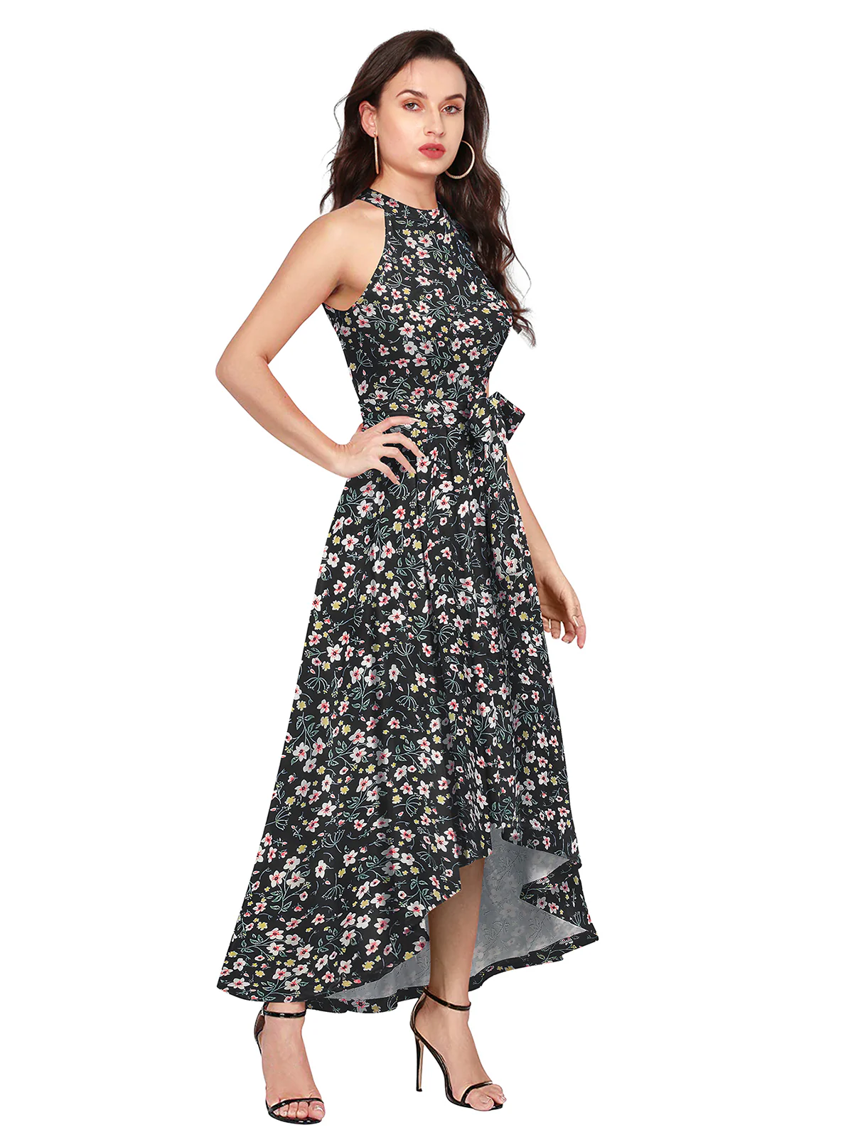 Odette Black Polyester Asymmetric A-line Printed Dress For Women - Image 3