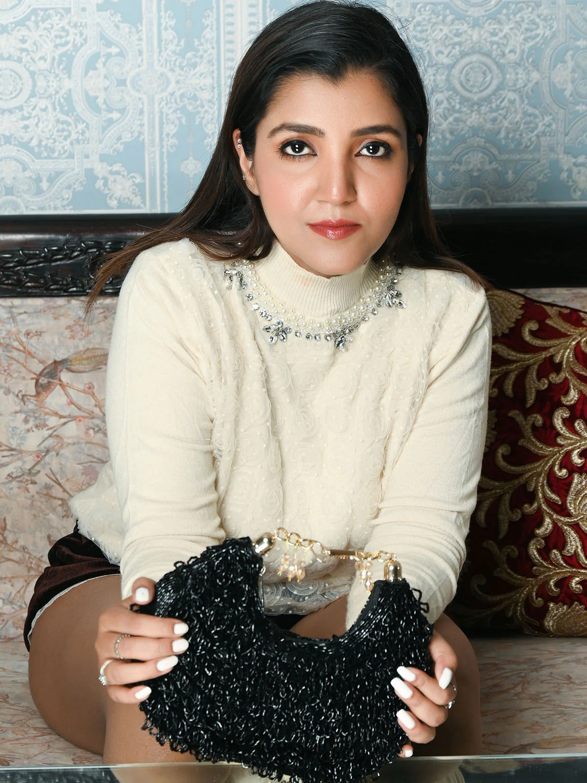 Odette Black Polyester Embellished With Cutdana Work Hand Bag For Women - Image 2
