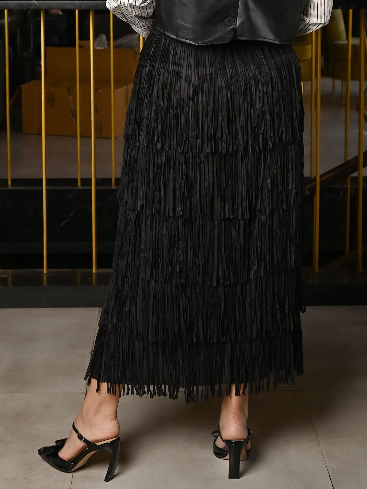 Odette Black Polyester Frilled Skirt For Women - Image 4