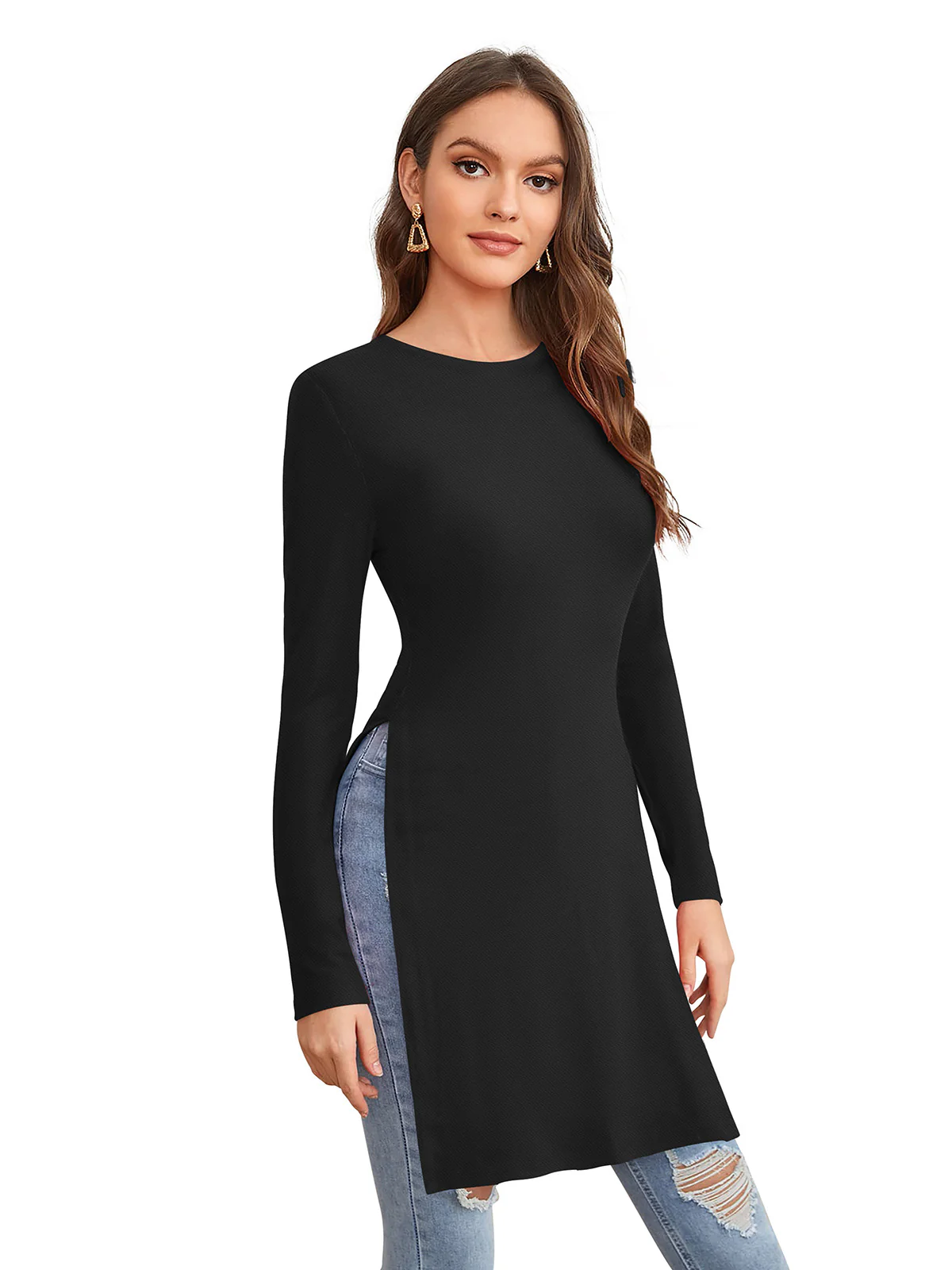 Odette Black Polyester Solid Long Top For Women - Image 2