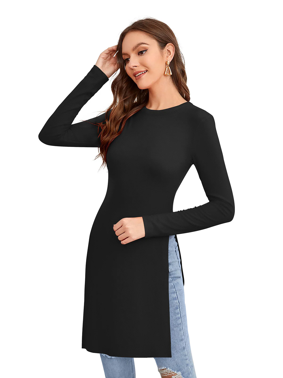 Odette Black Polyester Solid Long Top For Women - Image 3