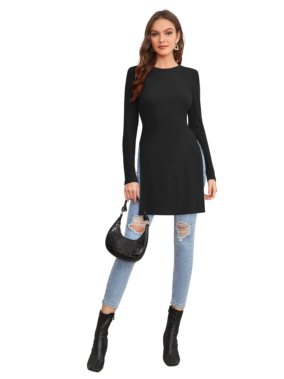 Odette Black Polyester Solid Long Top For Women - Image 5