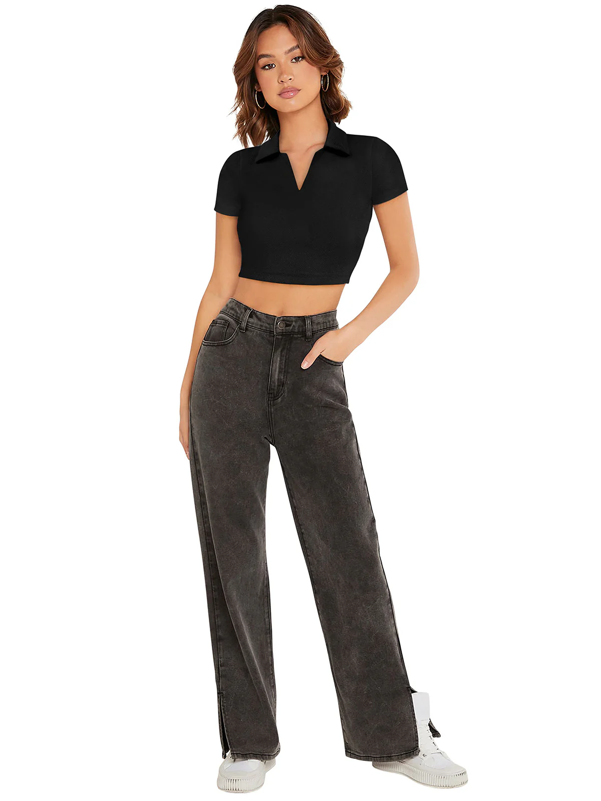 Odette Black Polyester Solid Top For Women - Image 5