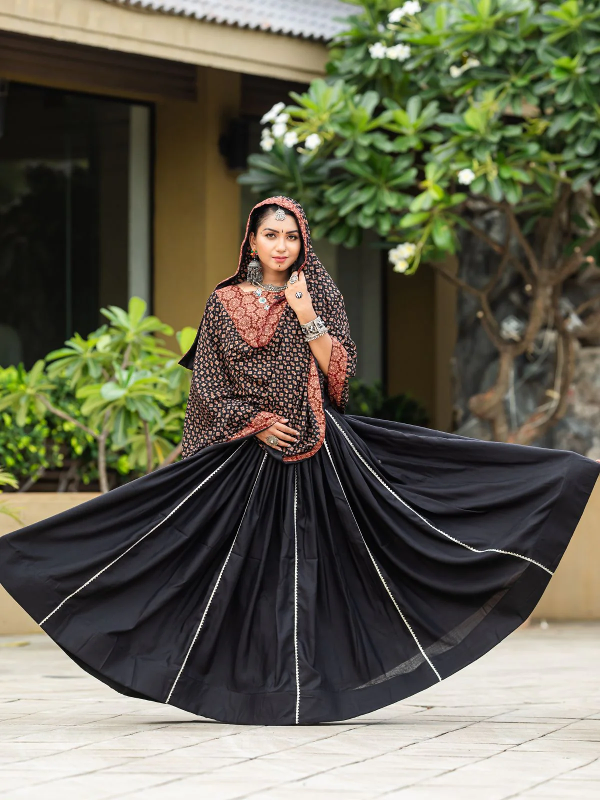 Odette Black Printed Cotton Stitched Lehenga With Blouse For Women