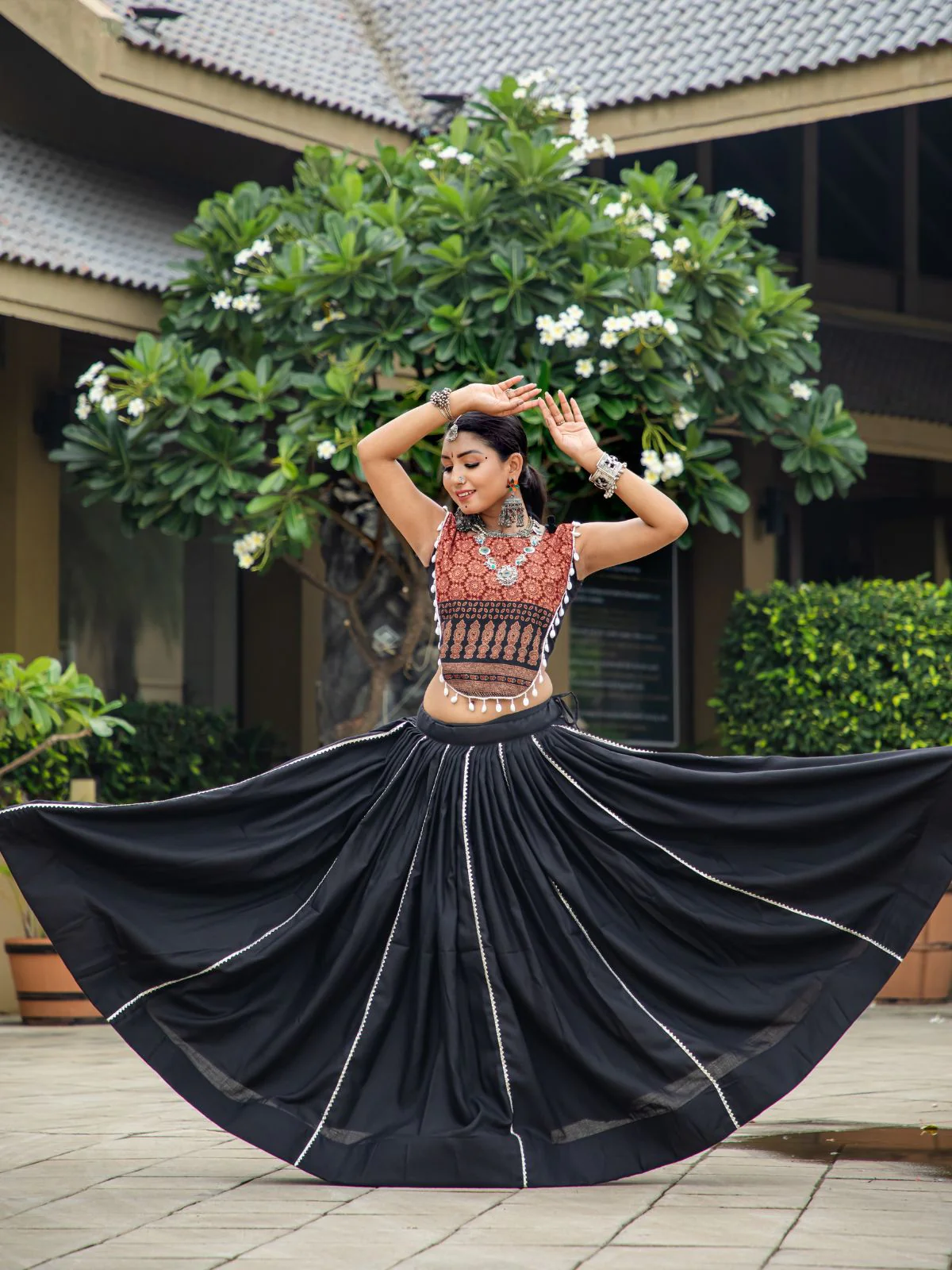 Odette Black Printed Cotton Stitched Lehenga With Blouse For Women - Image 3