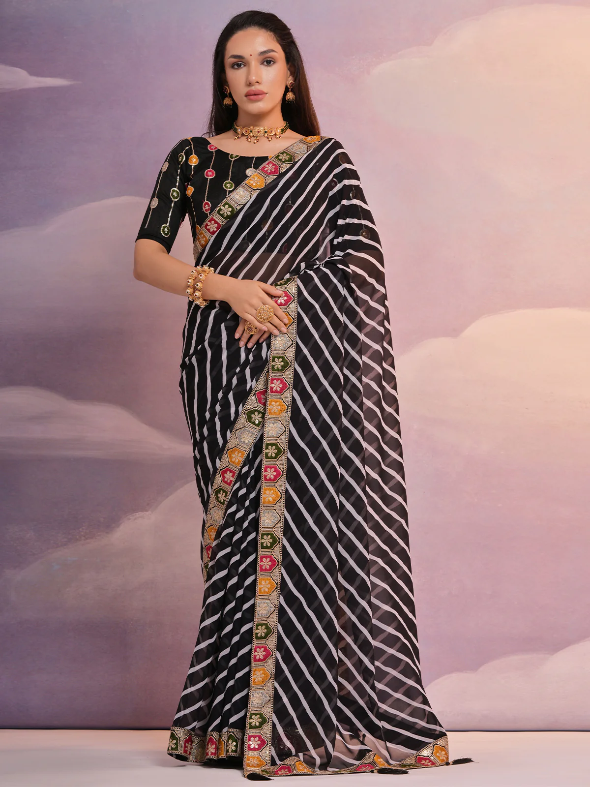 Odette Black Printed Georgette Saree With Unstitched Blouse For Women