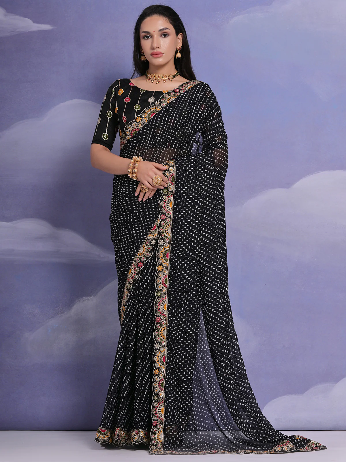 Odette Black Printed Georgette Saree With Unstitched Blouse For Women