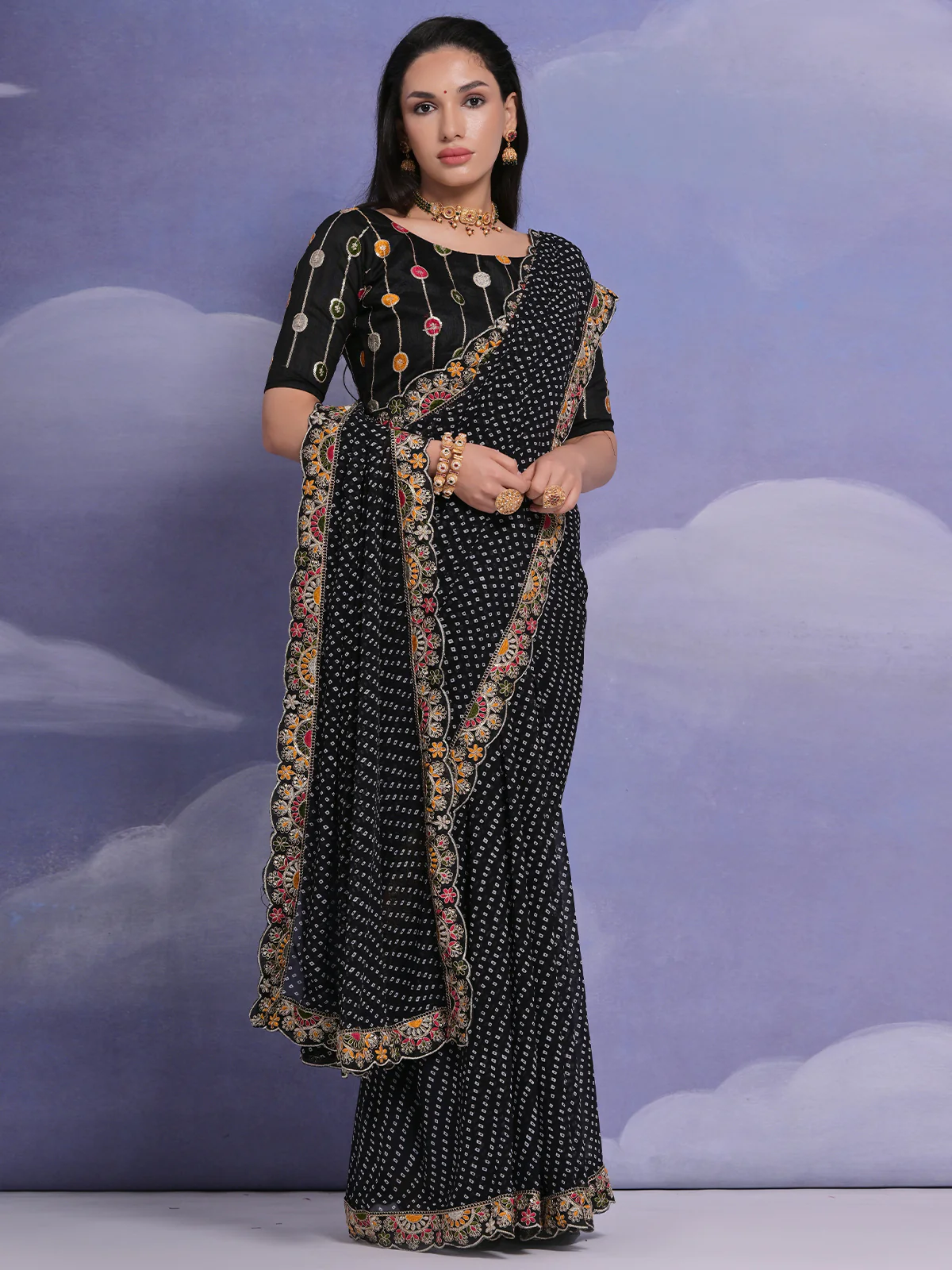 Odette Black Printed Georgette Saree With Unstitched Blouse For Women - Image 3