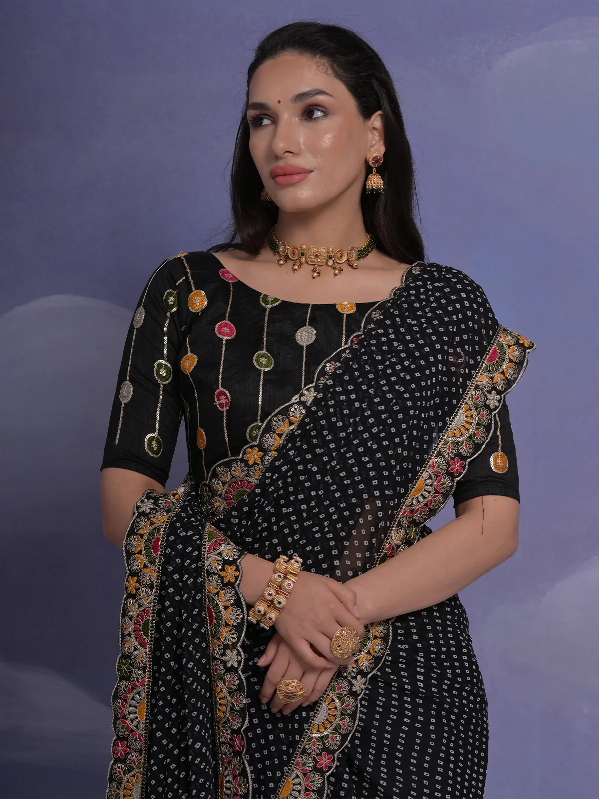 Odette Black Printed Georgette Saree With Unstitched Blouse For Women - Image 5