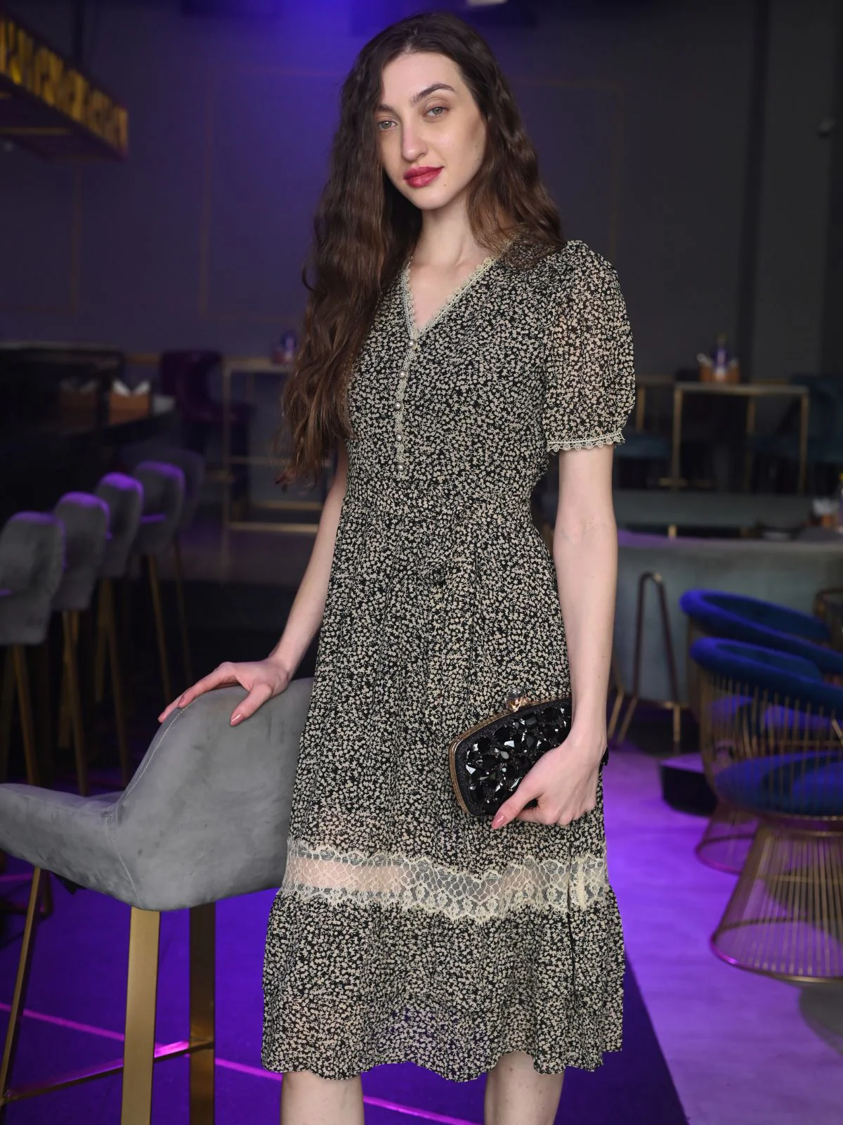 Odette Black Printed Georgette Stitched Dress for Women - Image 3
