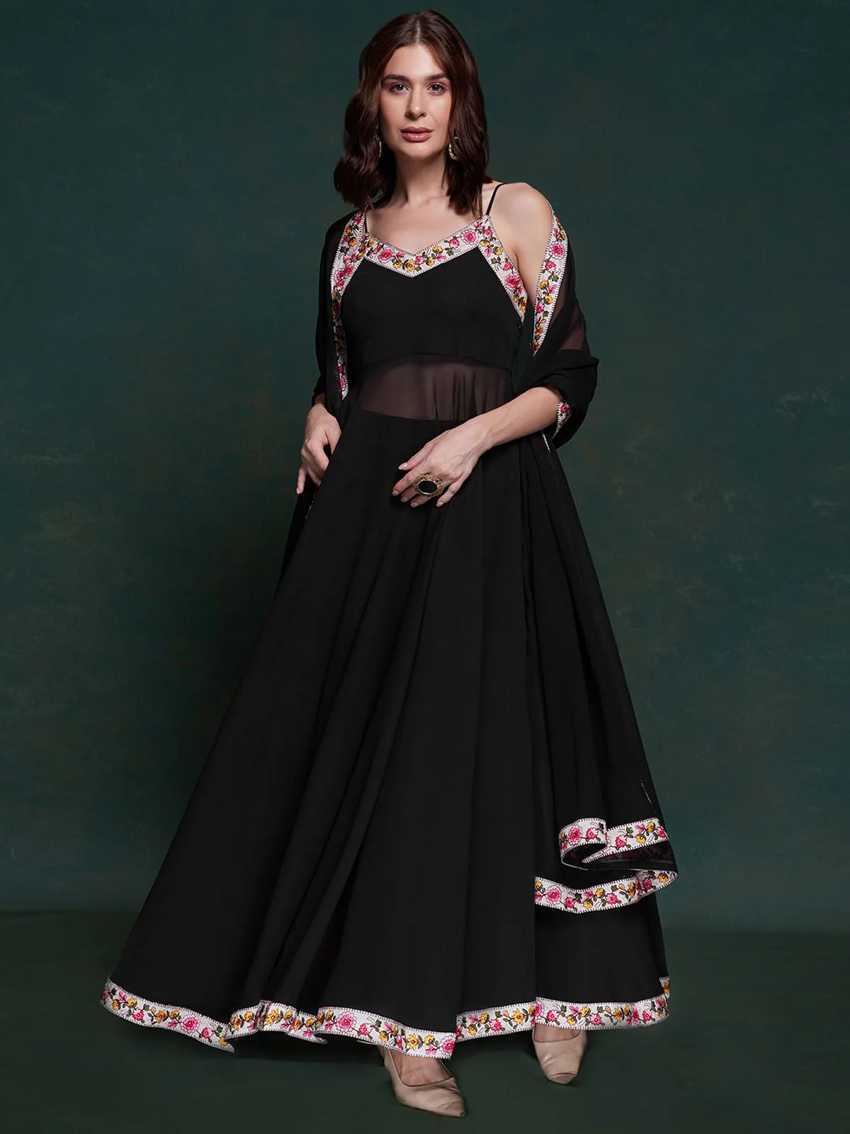 Odette Black Printed Georgette Stitched Kurta Set For Women - Image 3