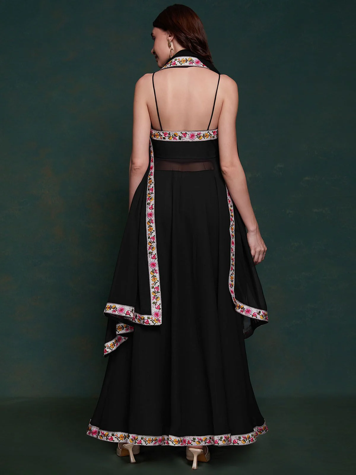 Odette Black Printed Georgette Stitched Kurta Set For Women - Image 6