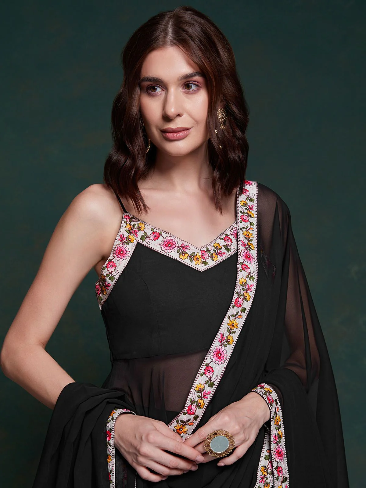 Odette Black Printed Georgette Stitched Kurta Set For Women - Image 7
