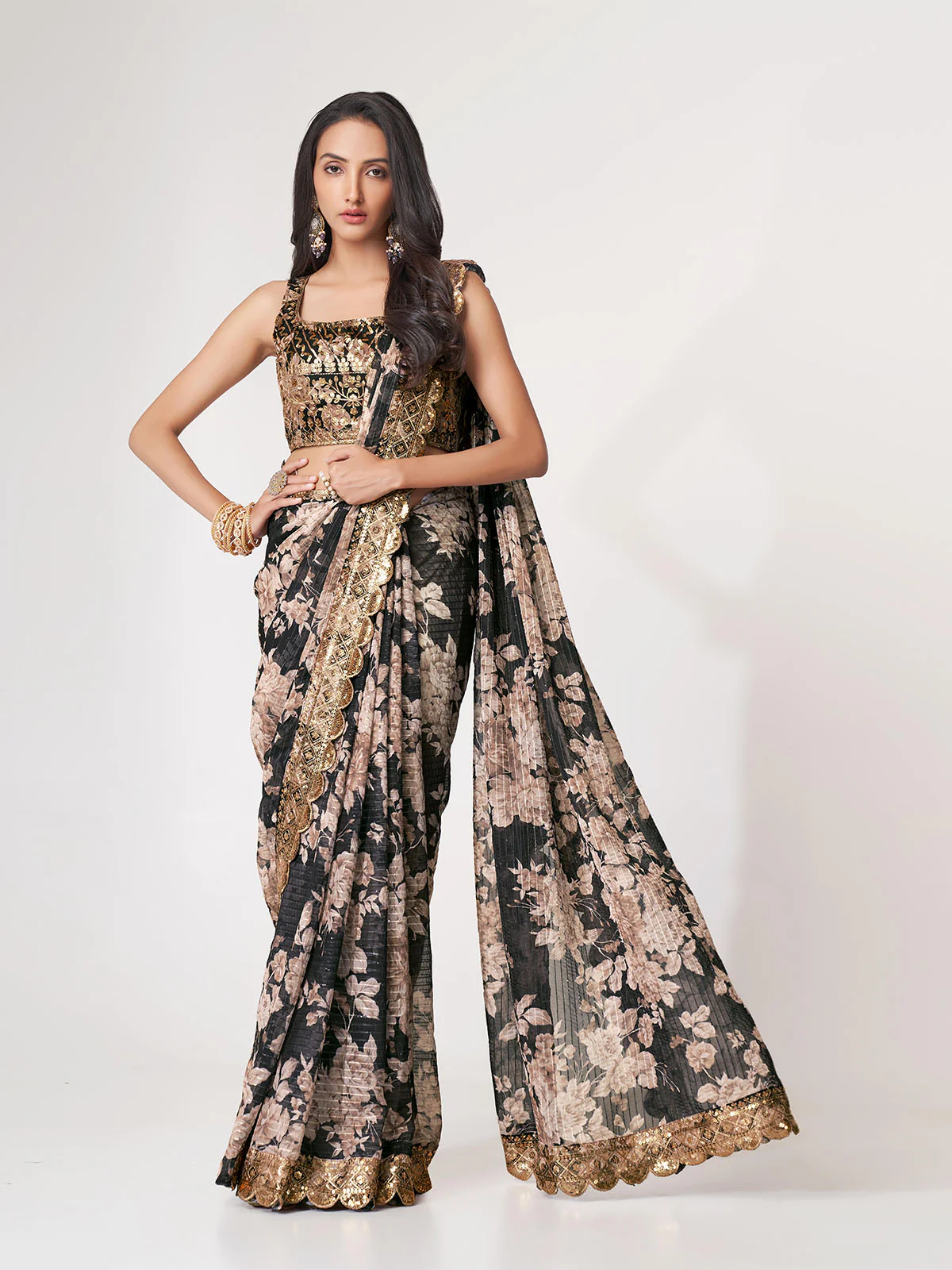 Odette Black Printed Organza Saree With Unstitched Blouse For Women