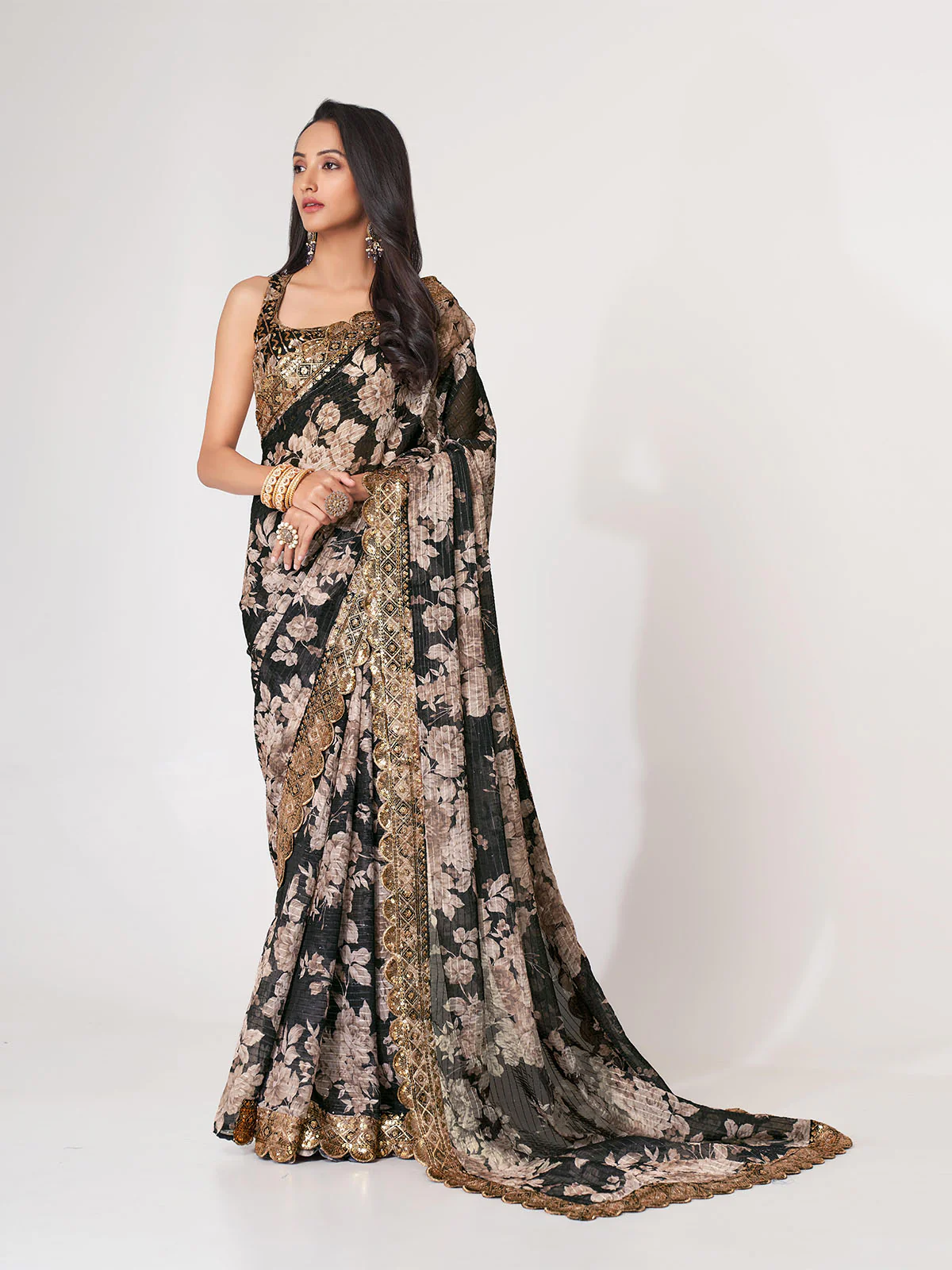 Odette Black Printed Organza Saree With Unstitched Blouse For Women - Image 2