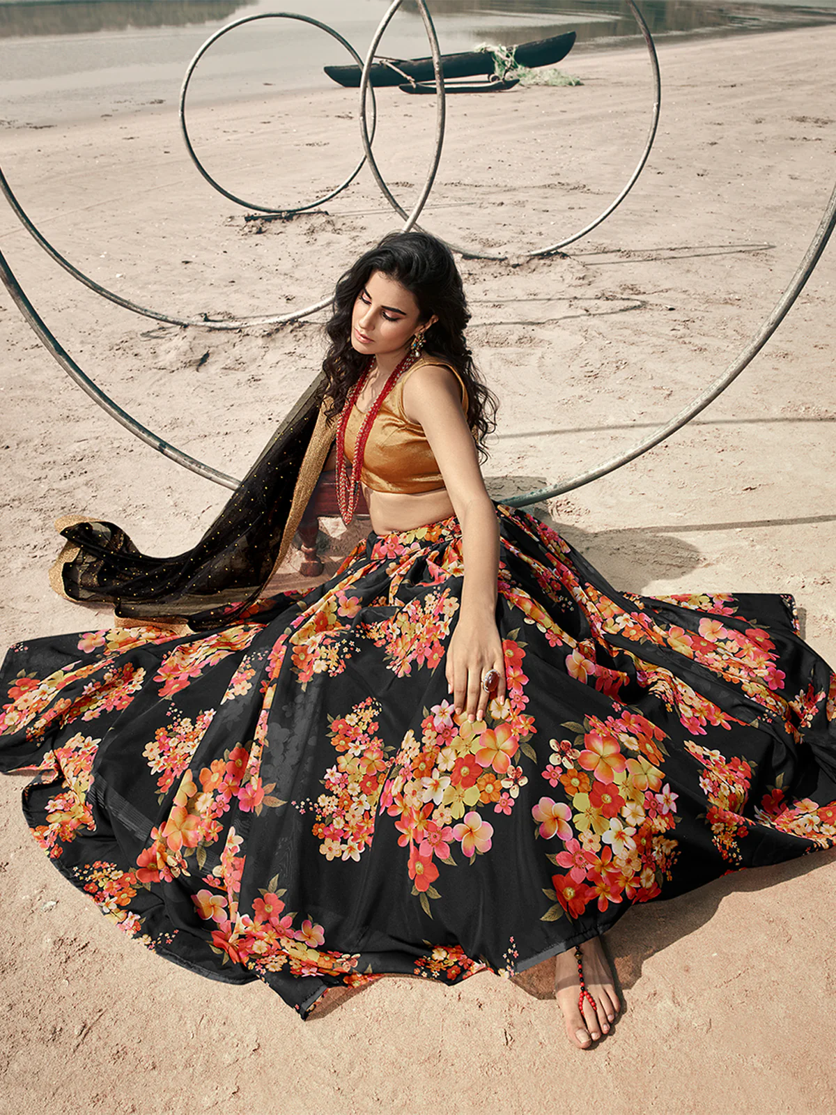 Odette Black Printed Organza Semi Stitched Lehenga With Blouse For Women - Image 2