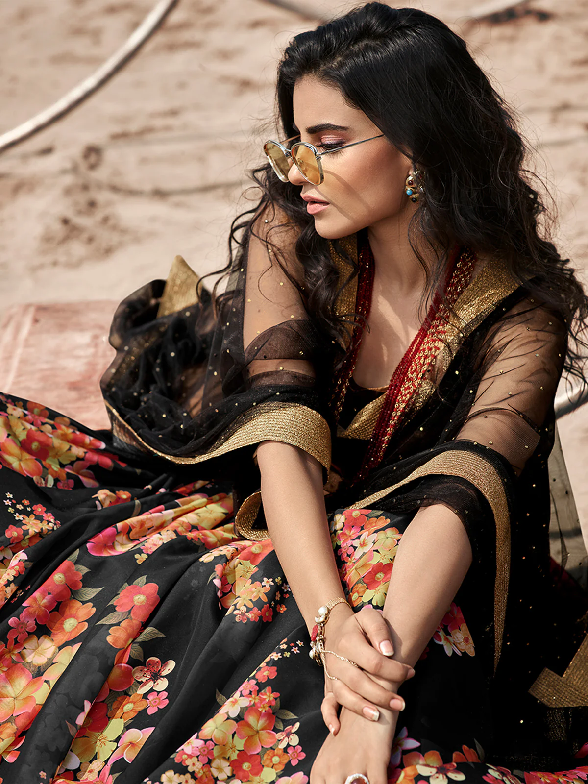 Odette Black Printed Organza Semi Stitched Lehenga With Blouse For Women - Image 4