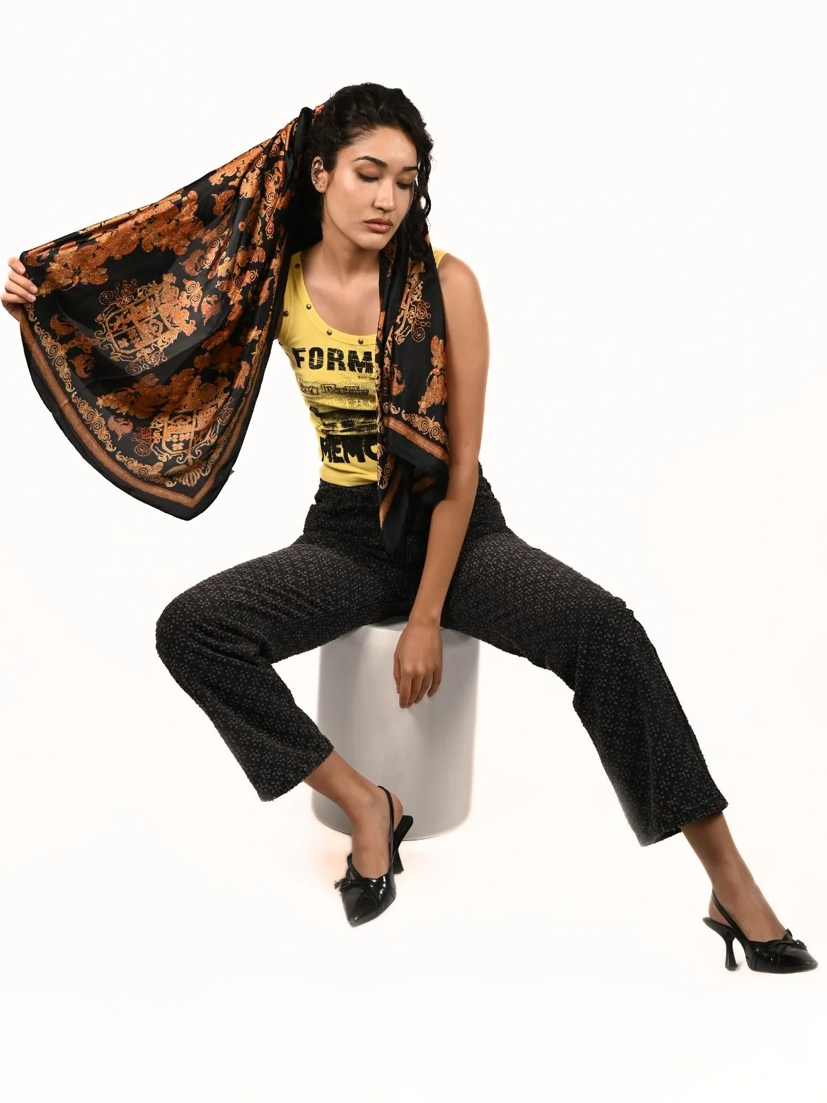 Odette Black Printed Satin Scarf For Women - Image 2
