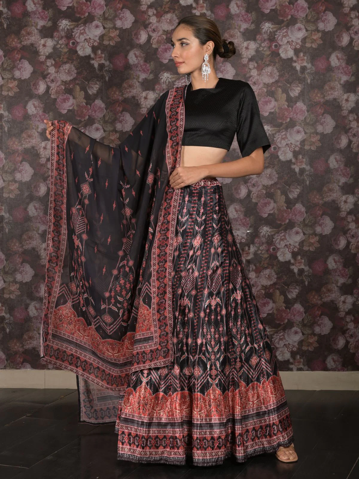 Odette Black Printed Semi Stitched Crepe Lehenga with Unstitched Blouse And Dupatta For Women - Image 3
