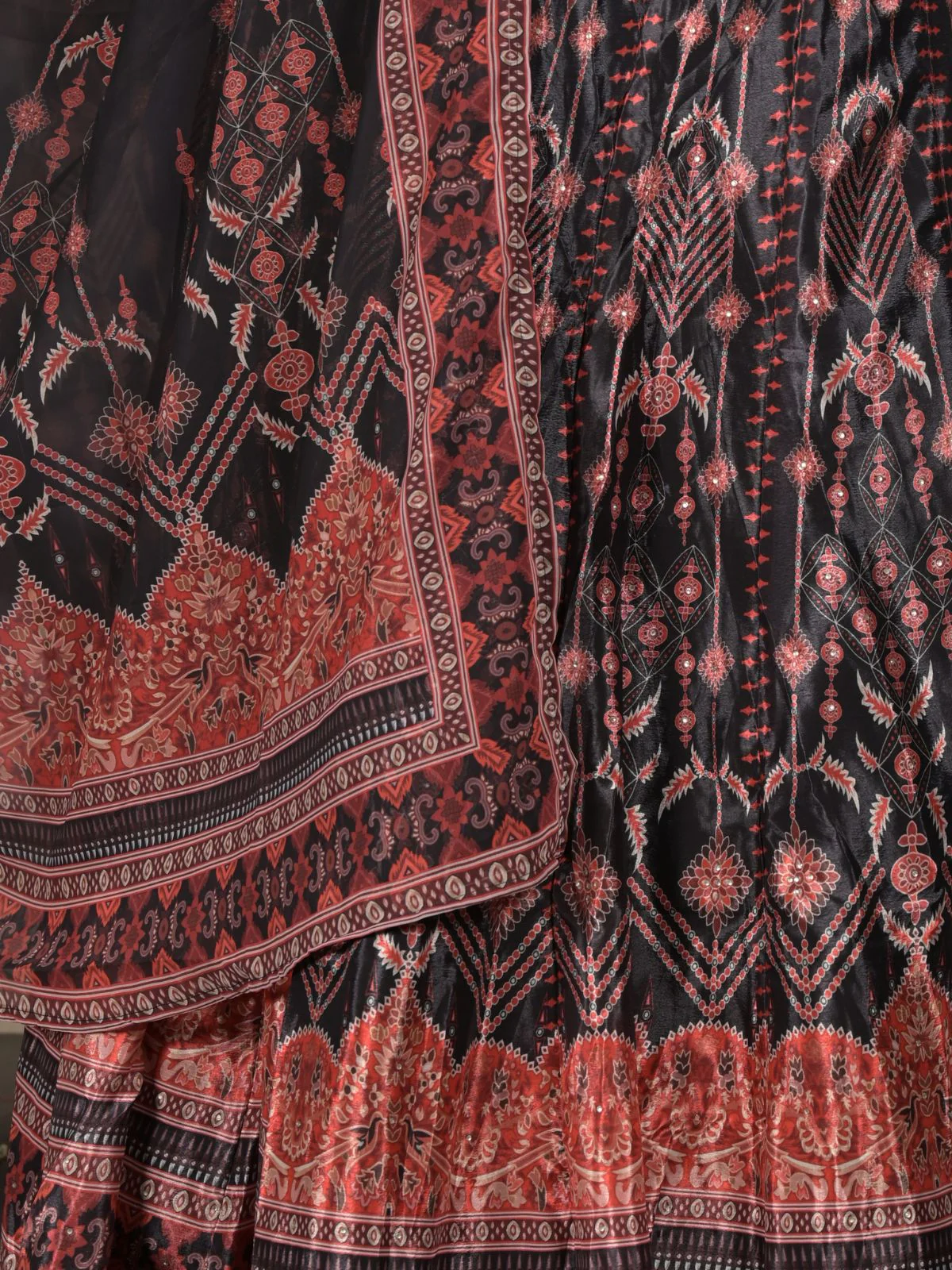 Odette Black Printed Semi Stitched Crepe Lehenga with Unstitched Blouse And Dupatta For Women - Image 5