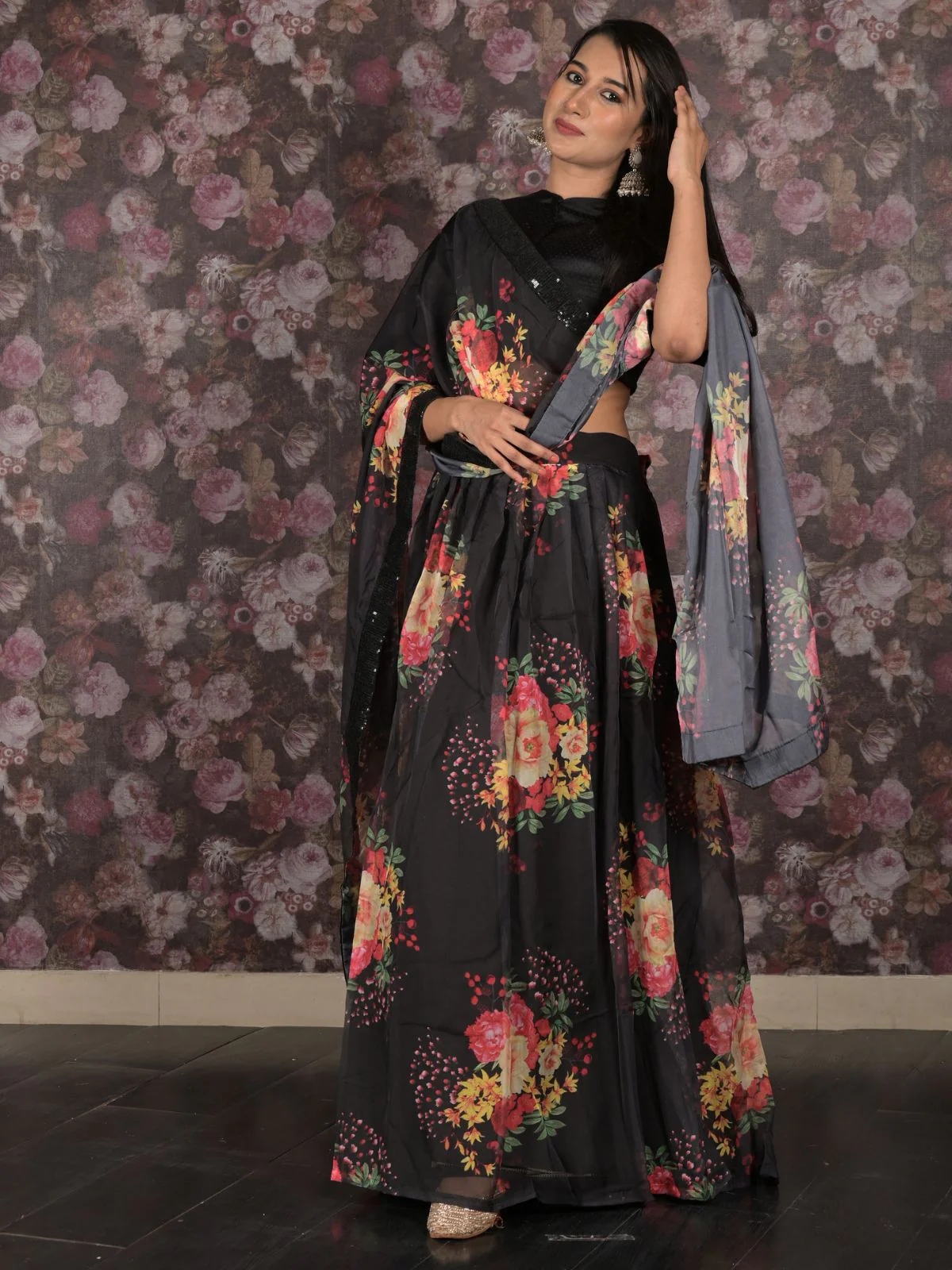 Odette Black Printed Semi Stitched Lehenga with Unstitched Blouse And Dupatta For Women - Image 2