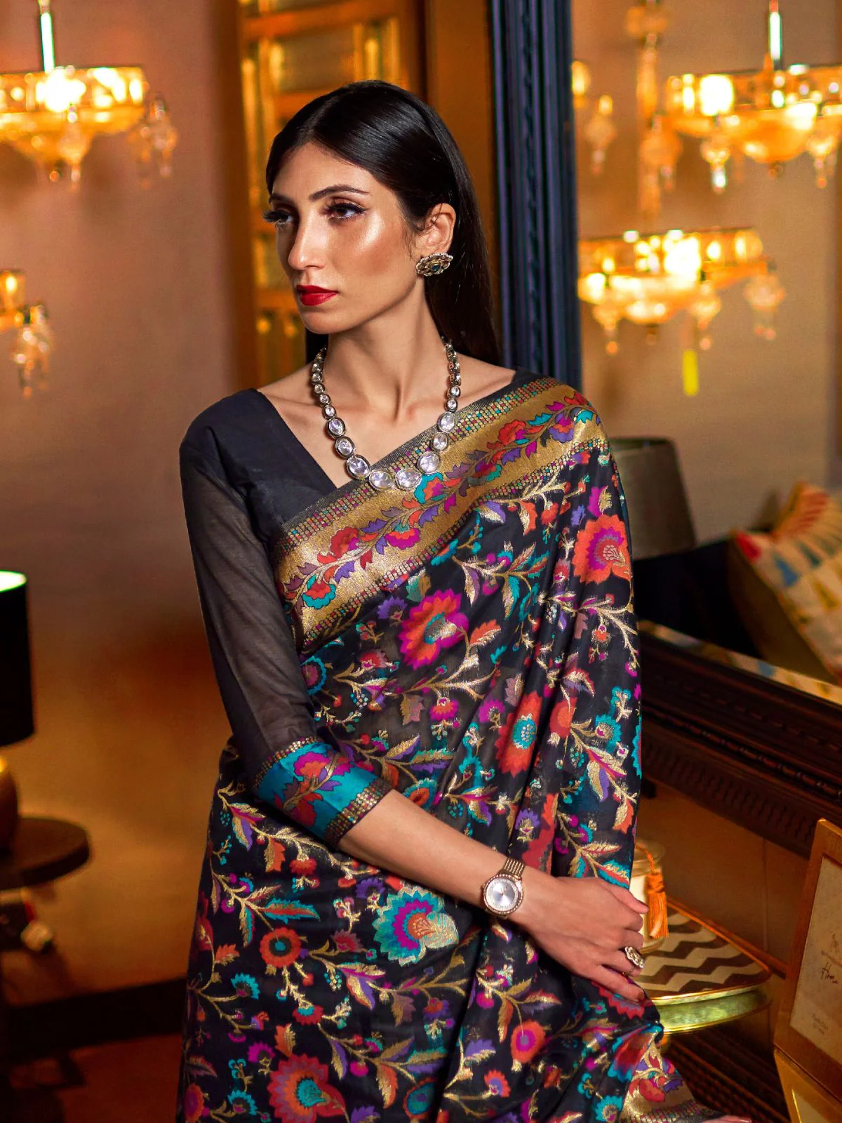 Odette Black Printed Silk Blend Saree With Unstitched Blouse For Women - Image 2