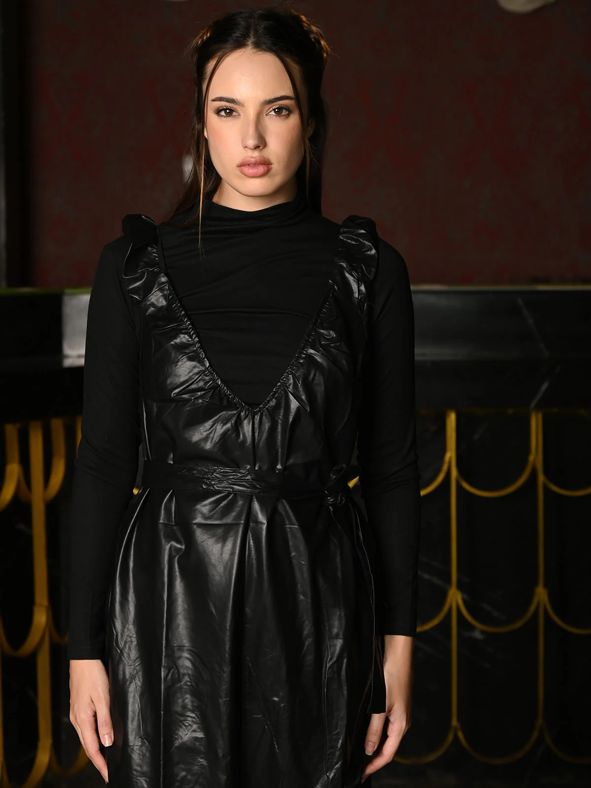 Odette Black PU And Jersey Patterned Dress For Women - Image 4