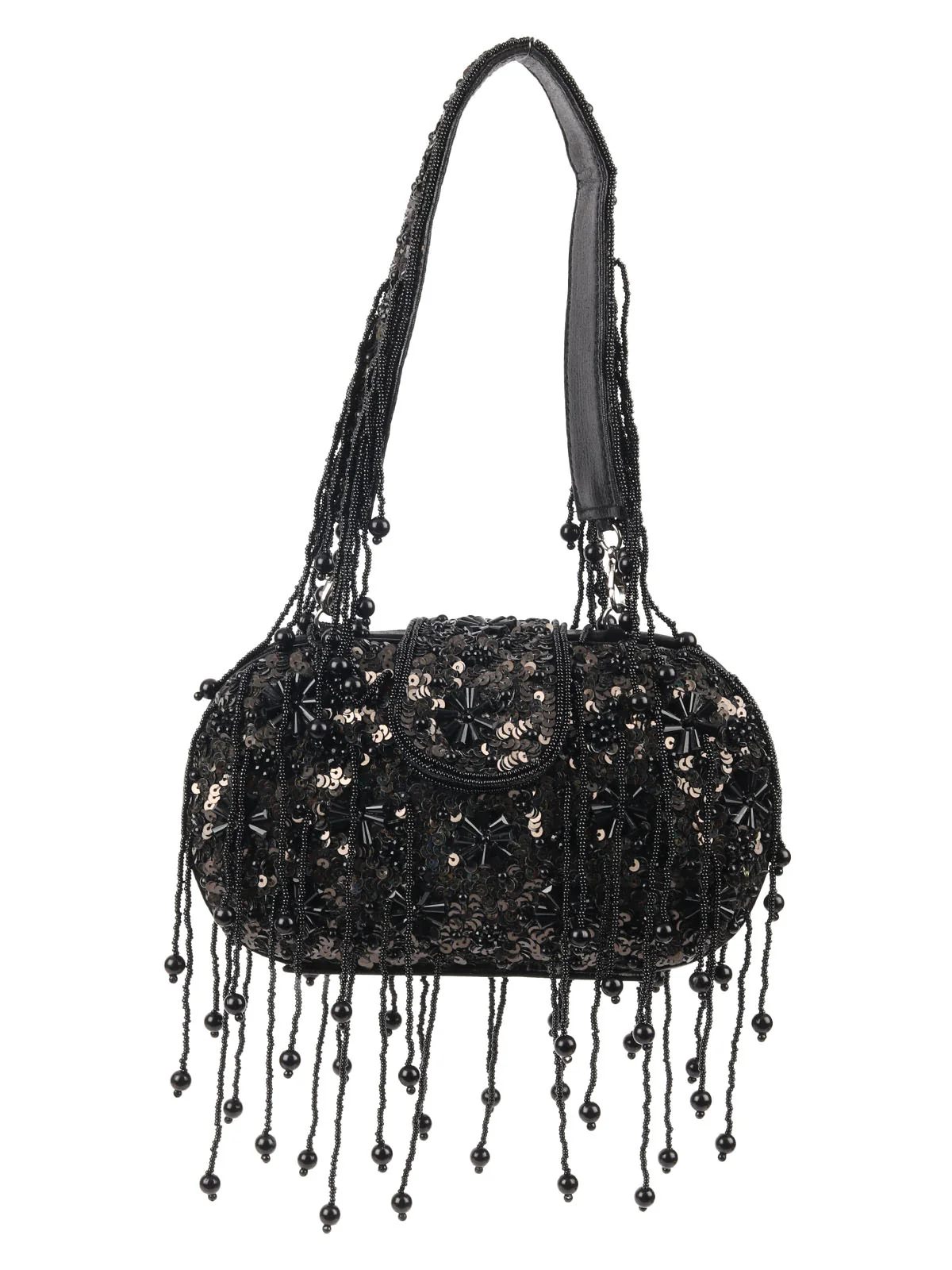 Odette Black PU Beads Embellished Tasseled With Sequin Batuwa For Women - Image 3
