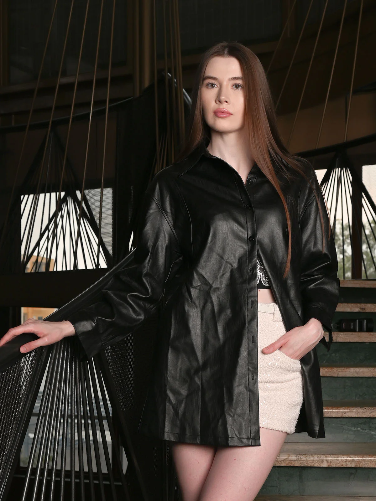 Odette Black PU Solid Jacket For Women - Image 2