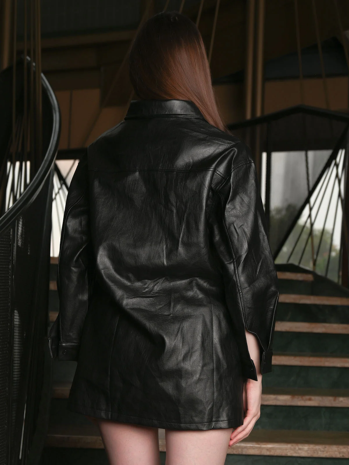 Odette Black PU Solid Jacket For Women - Image 4