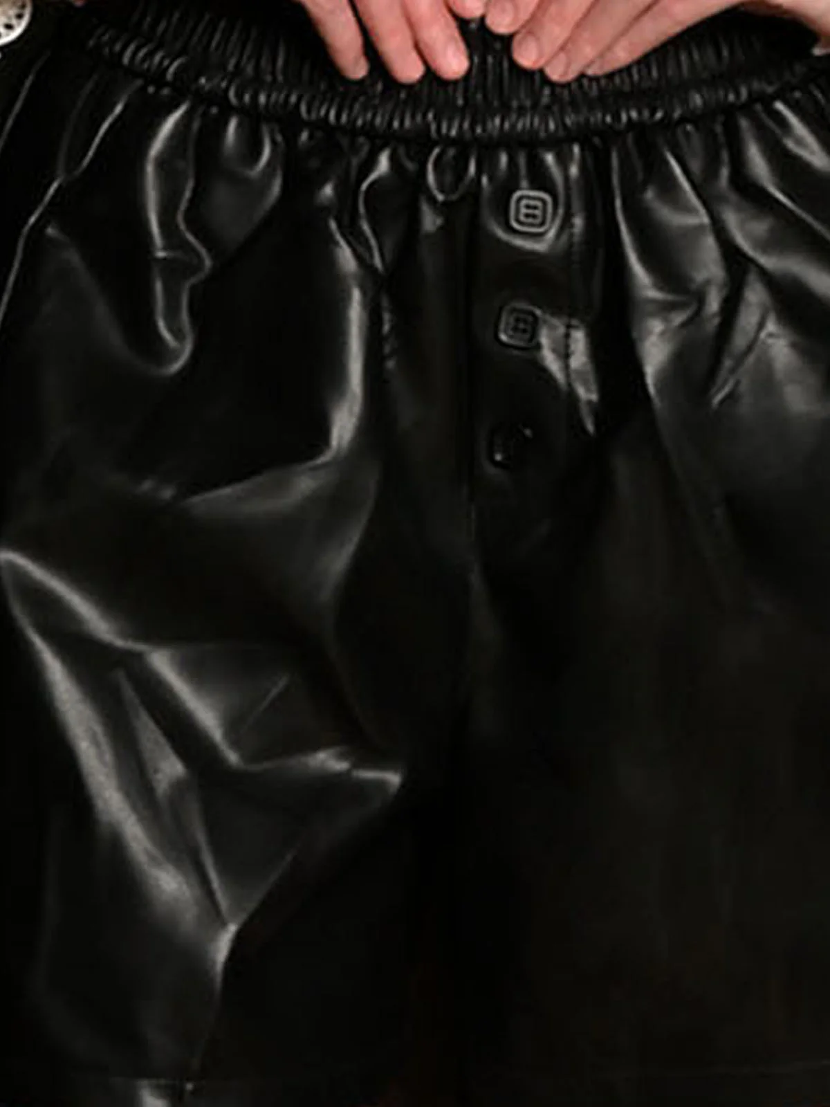 Odette Black PU Solid Shorts For Women - Image 5