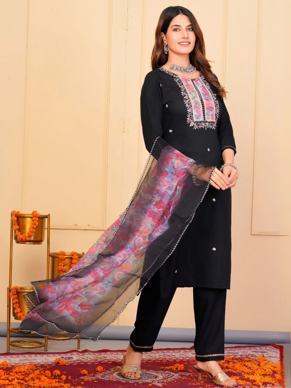 Odette Black Rayon Embroidered Stitched Kurta Set For Women - Image 2