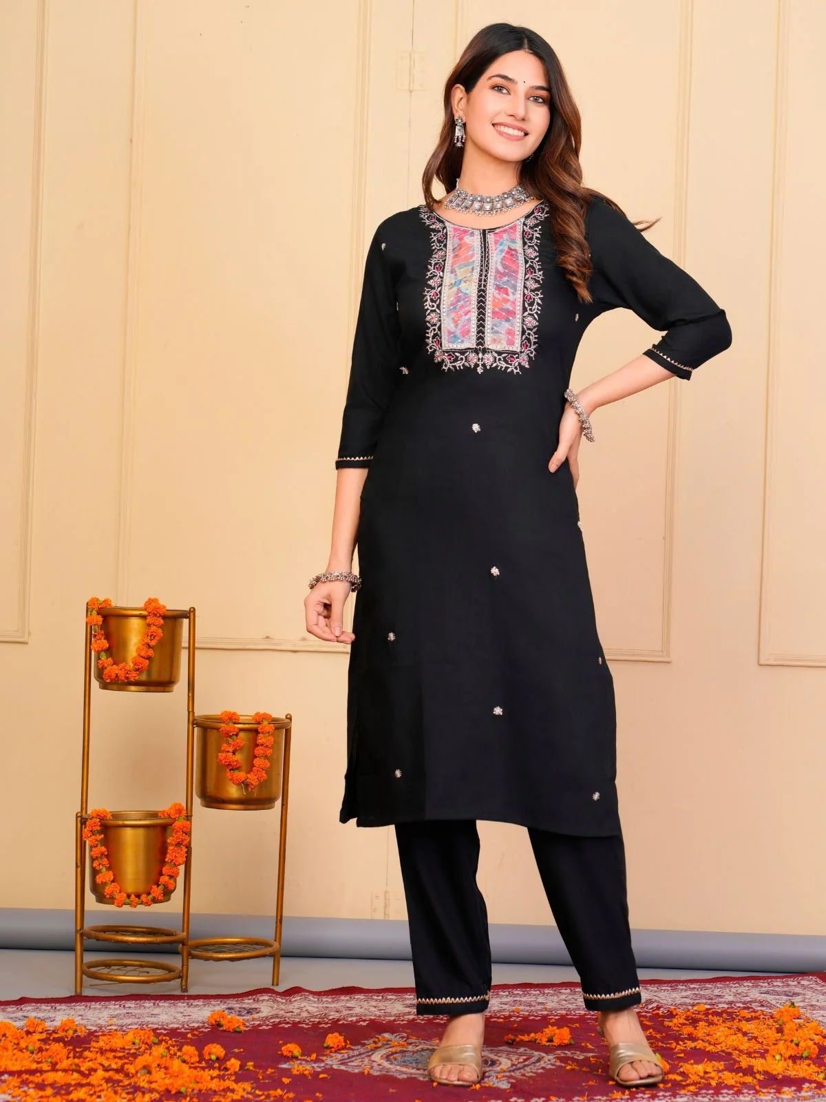 Odette Black Rayon Embroidered Stitched Kurta Set For Women - Image 3