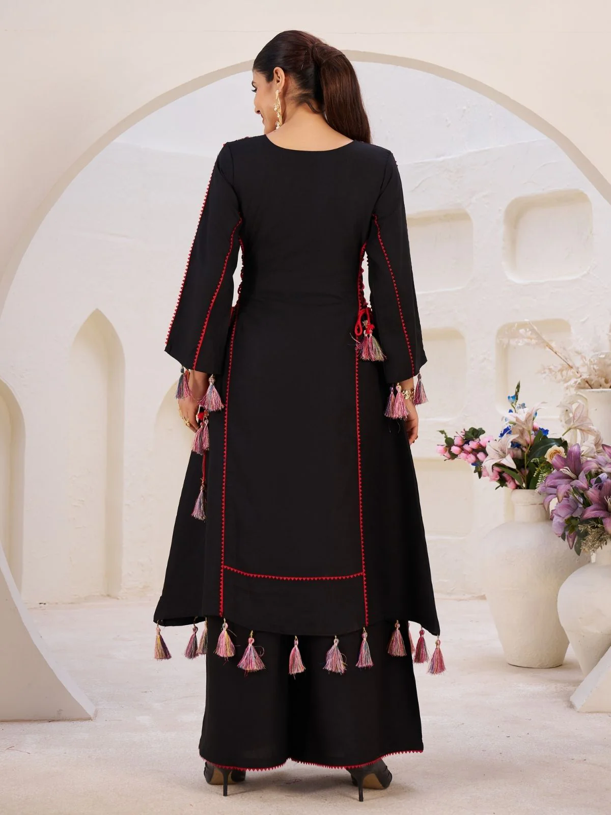 Odette Black Rayon Embroidered Stitched Kurta Set For Women - Image 3